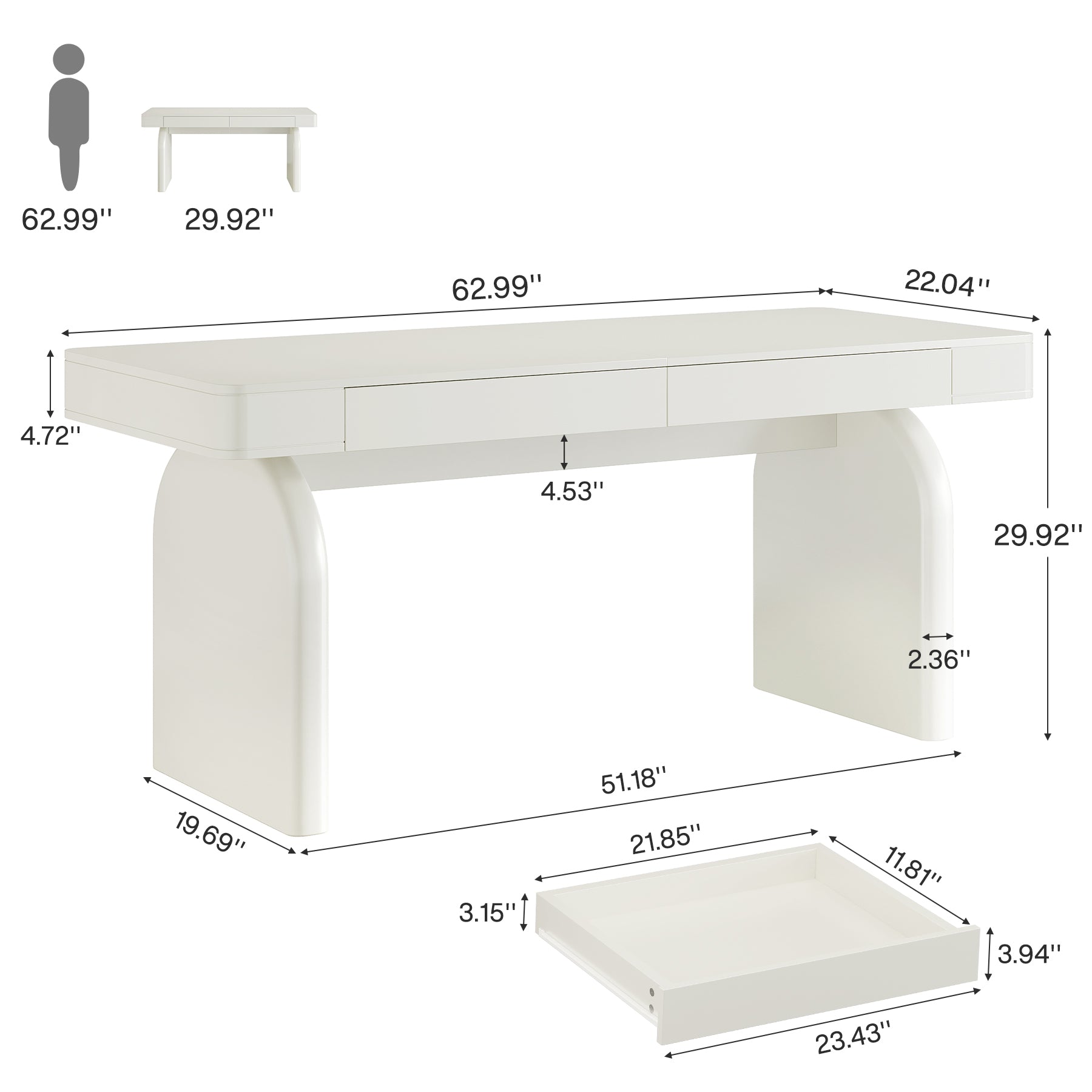 63" Executive Desk, Modern Office Computer Desk with 2 Storage Drawers