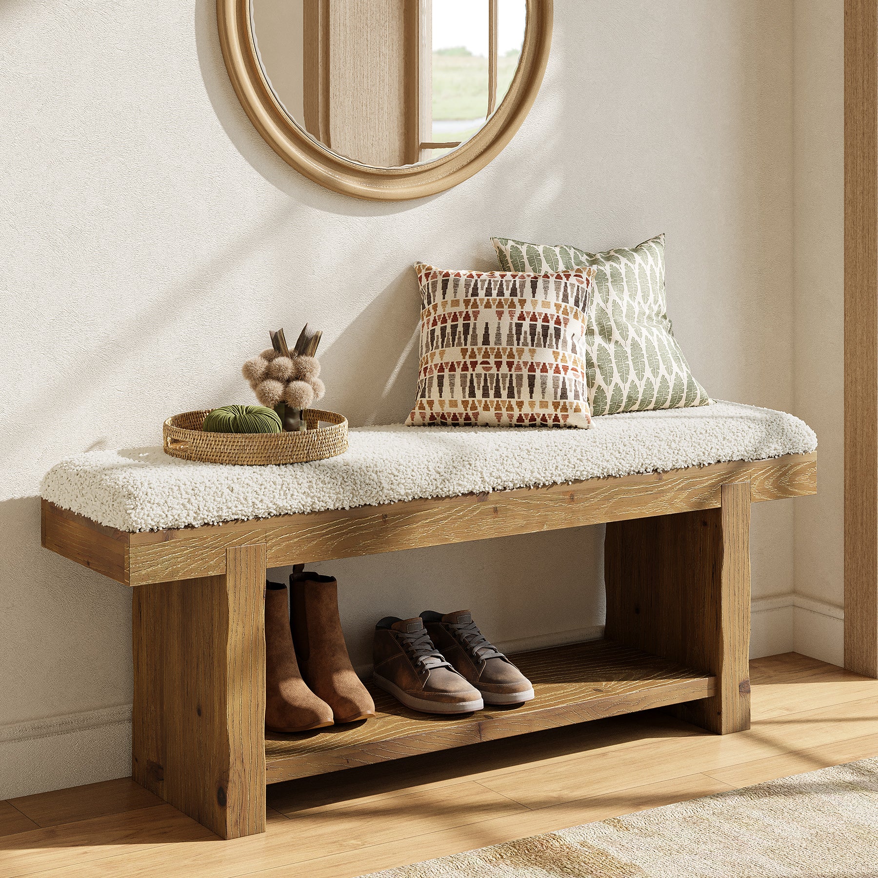 47.2" Solid Wood Farmhouse Bench, Upholstered Storage for Entryway