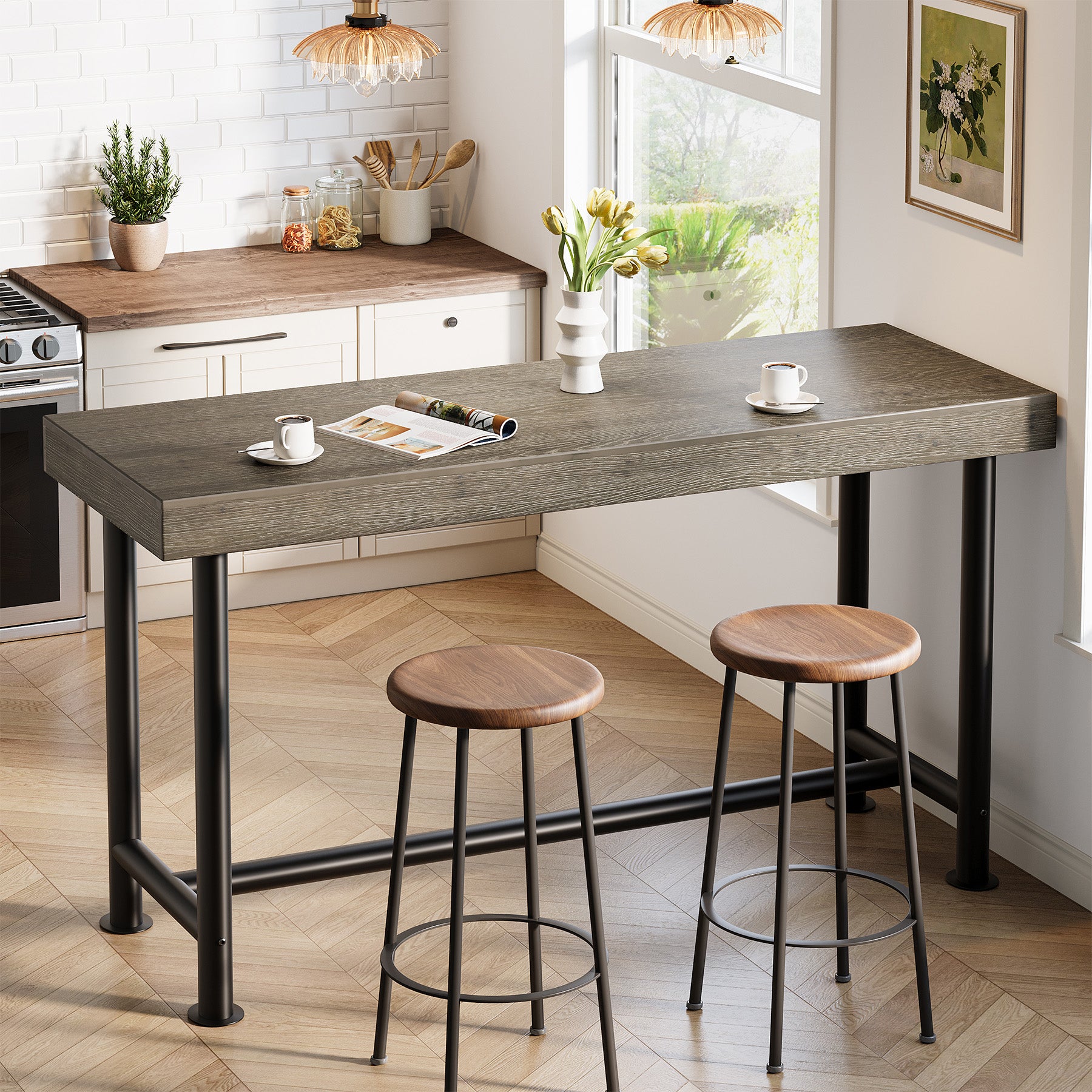 63" Solid Wood Bar Table, Rectangular Counter Height Pub Table with Metal Legs