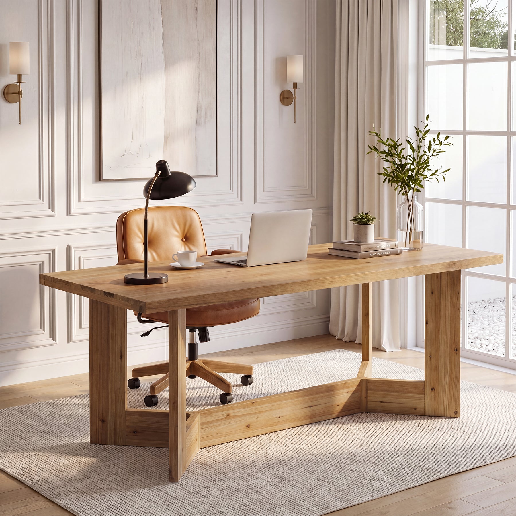 63" Solid Wood Computer Desk, Rectangular Executive Desk Study Table for Home Office