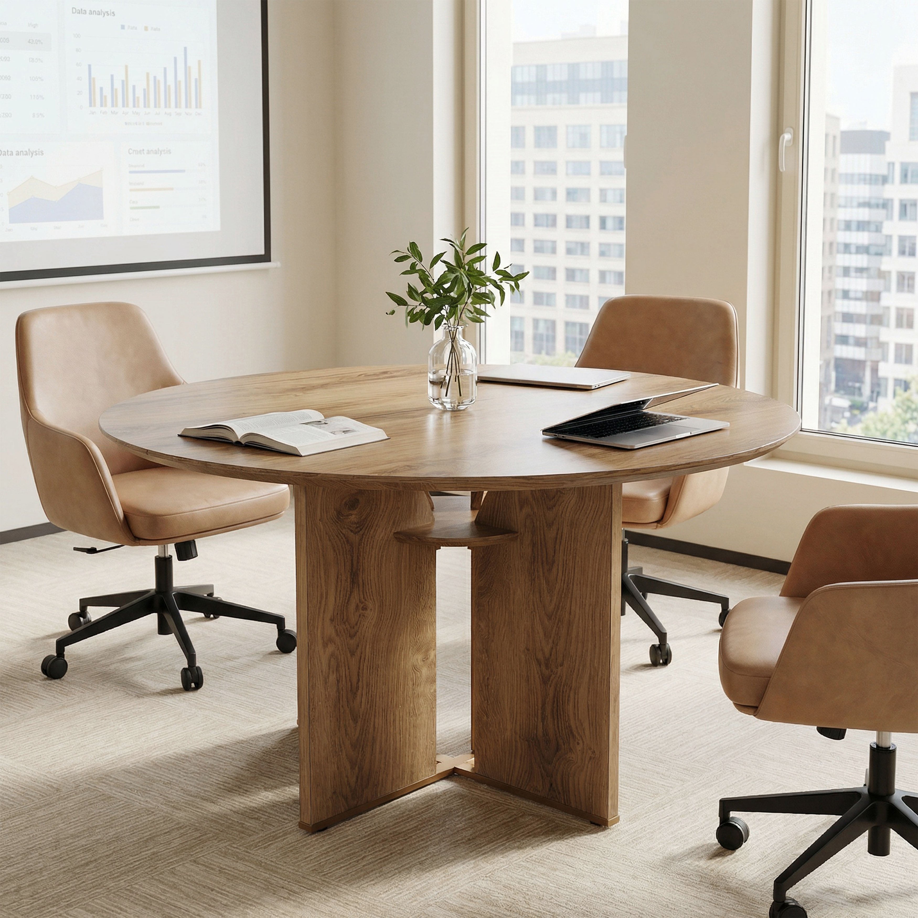 39.37" Conference Table for 4, Round Office Table with Lower Storage Shelf