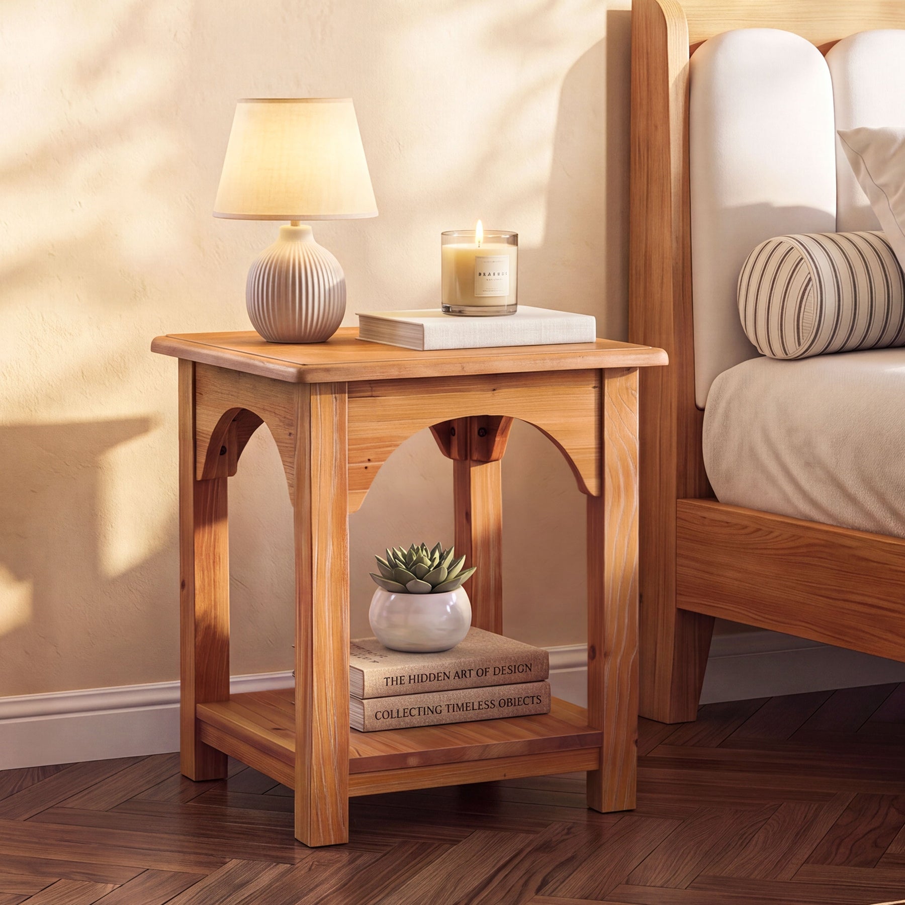 Farmhouse End Table with Storage, Solid Fir Wood 2-Tier Side Table, Living Room