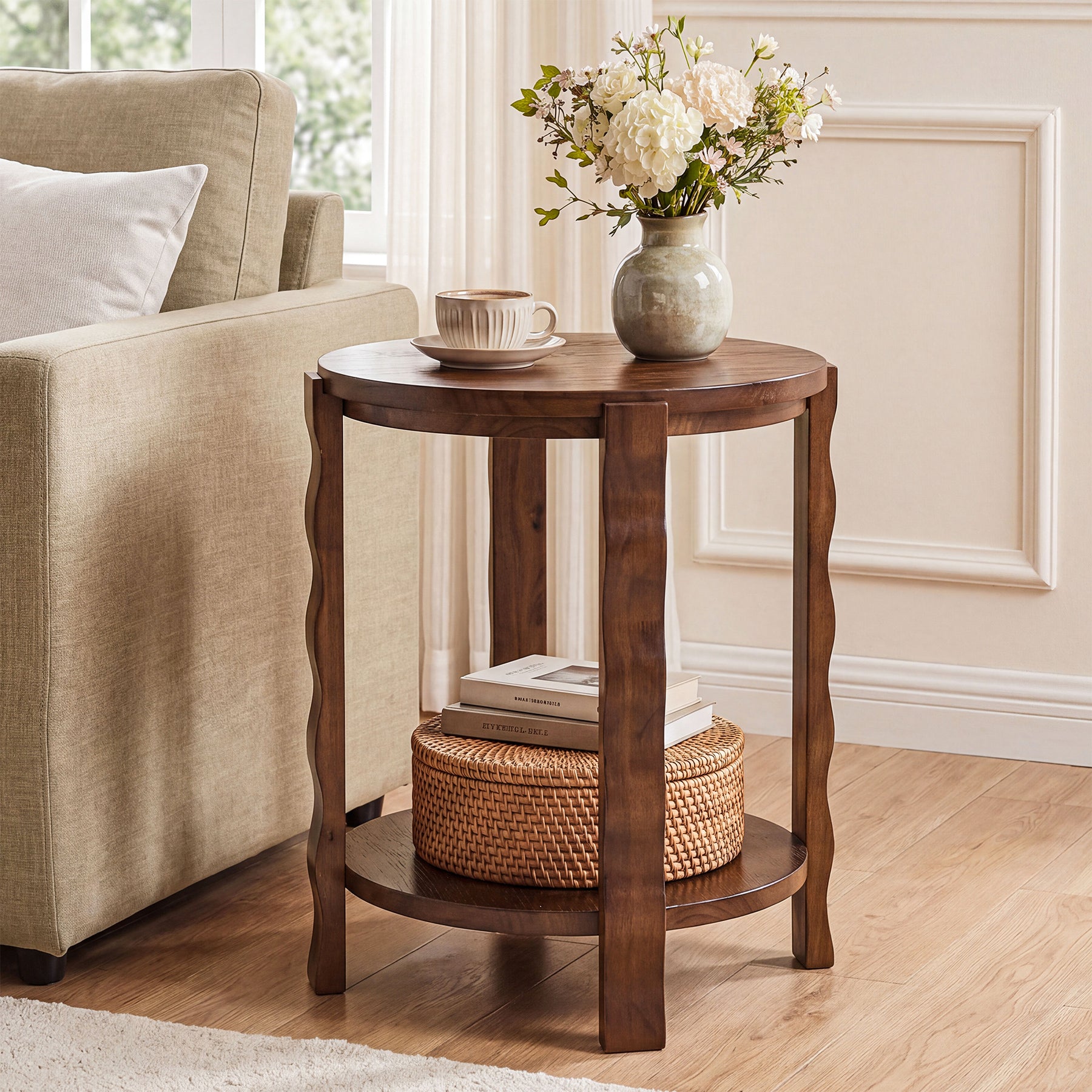 2-Tier Round Side Table, Wood End Table with Storage Shelf for Living Room