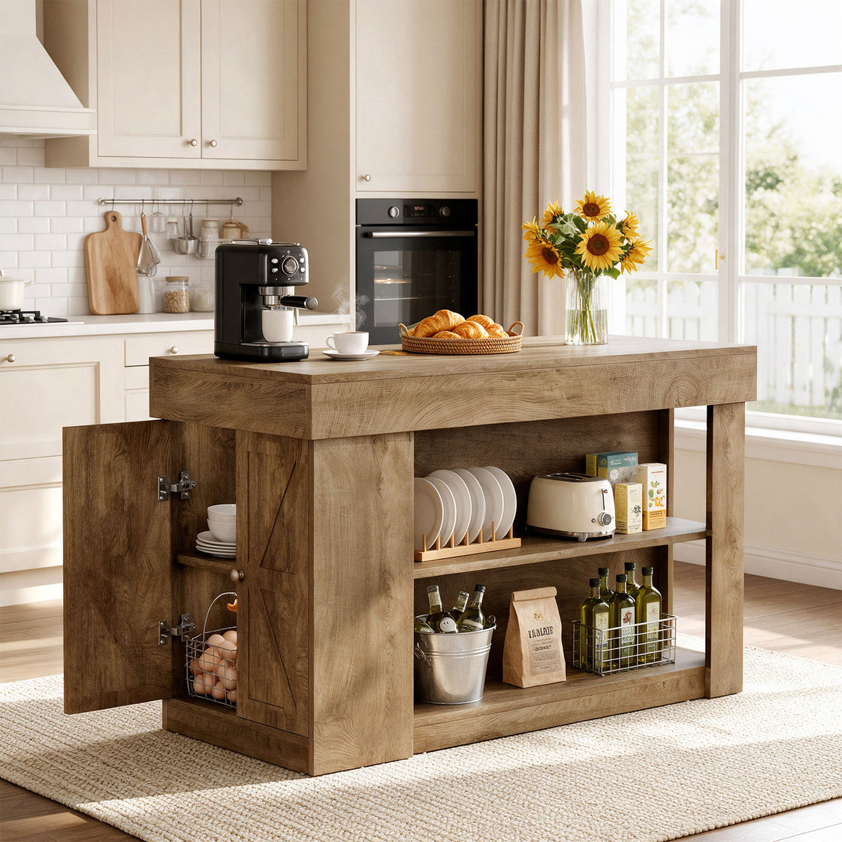 55" Kitchen Island with Storage Cabinet and Shelves, Farmhouse Bar Table for Kitchen