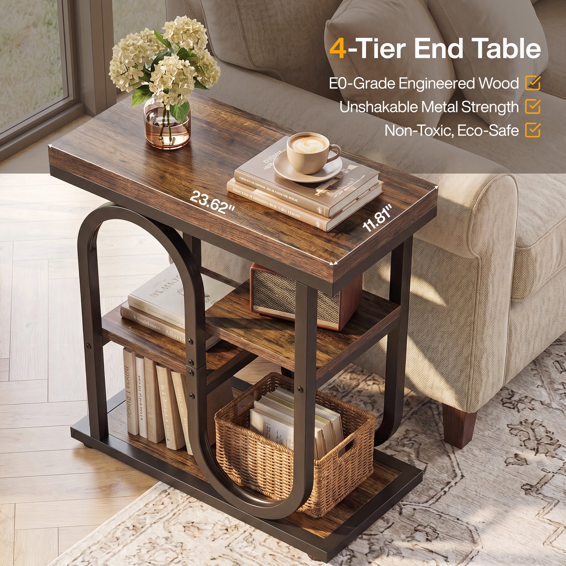 23.6" Narrow End Table, 4-Tier Side Table Nightstand for Living Room