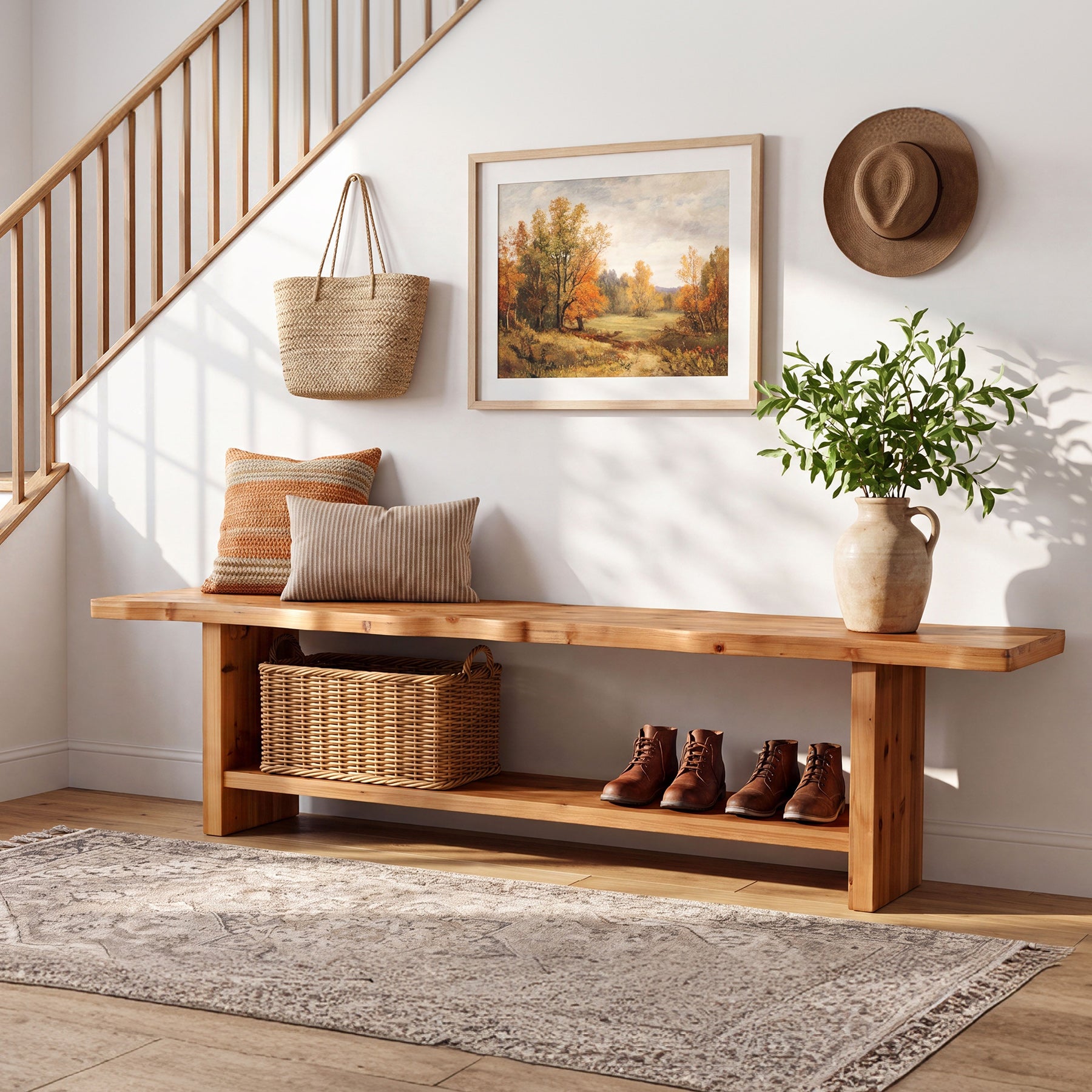 70.8" Solid Wood Entryway Bench, 2-Tier End of Bed Bench for Bedroom, Living Room