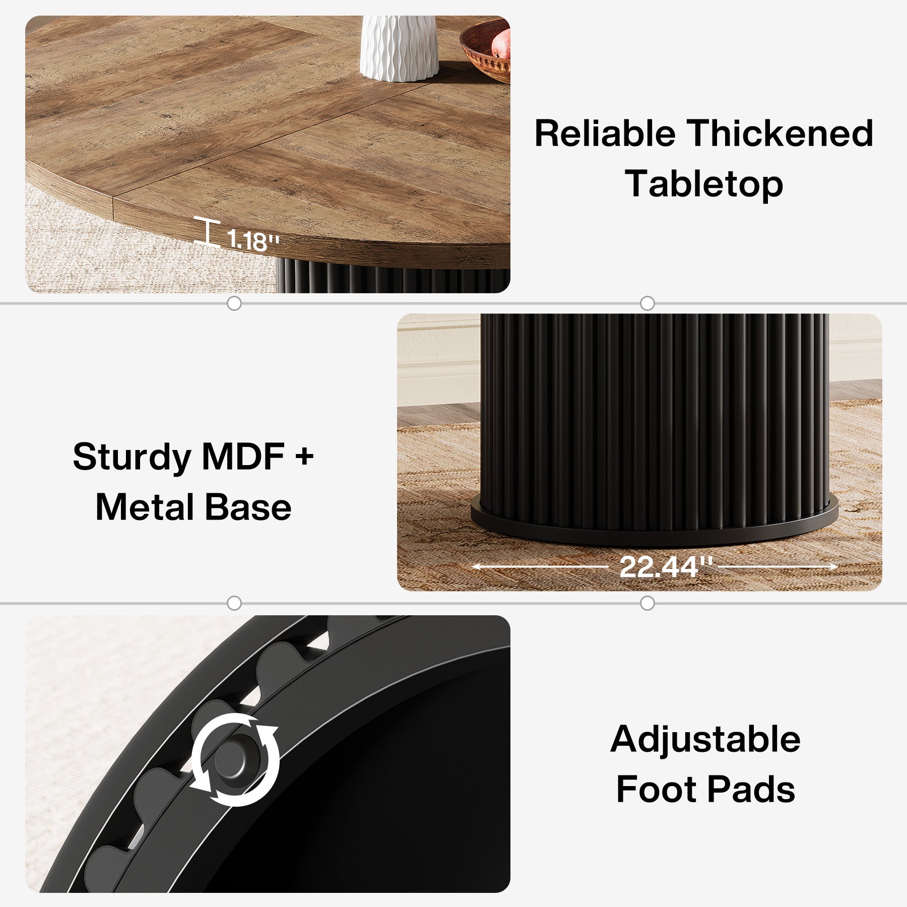 47" Round Dining Table, Wood Kitchen Table With Sturdy Fluted Metal Base