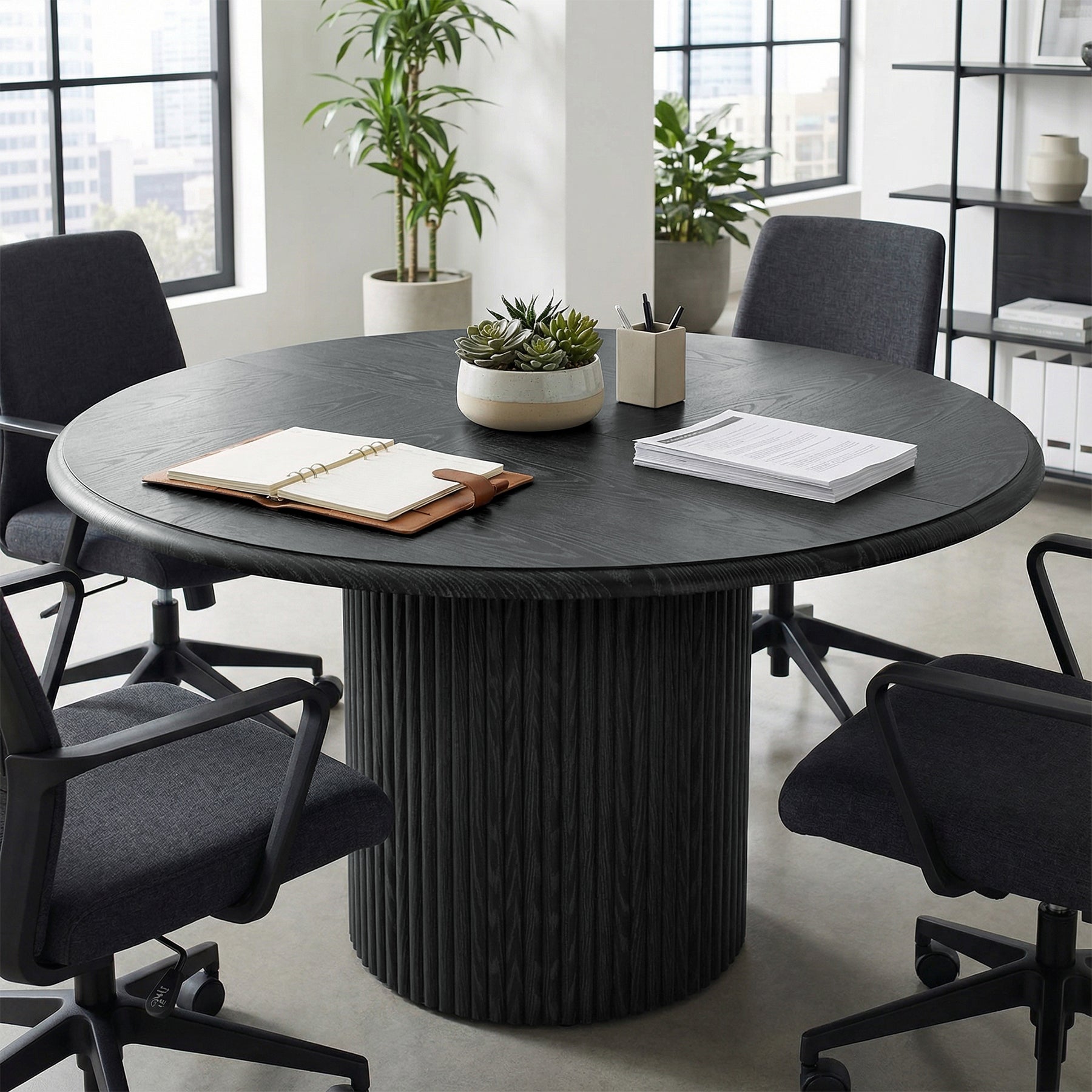 47" Round Conference Table with Fluted Metal Base for 4-6 People