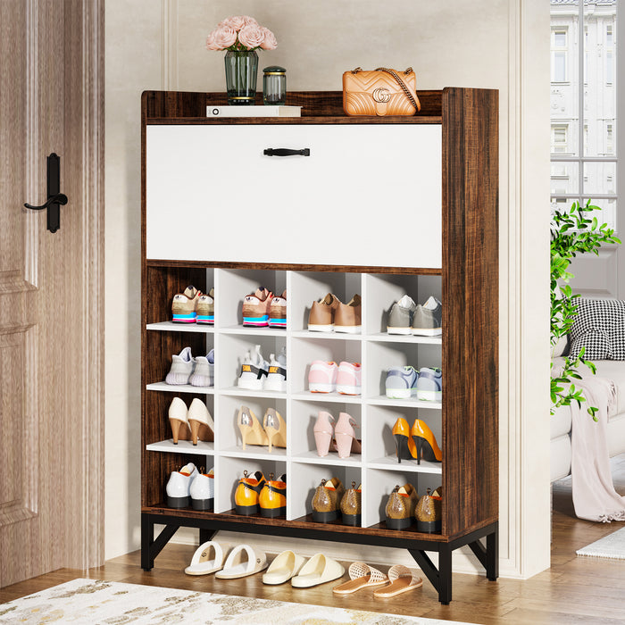 Tribesigns Shoe Cabinet, Narrow Shoe Organizer with Flip Drawer & 16 Cubbies Tribesigns