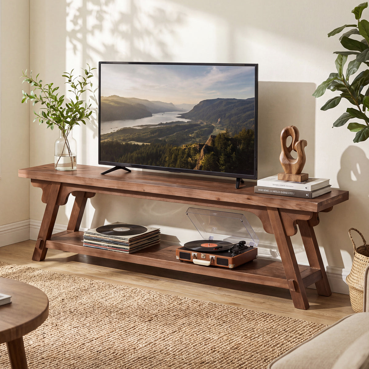 63" Farmhouse Solid Wood TV Stand for 75" TV, TV Console Entertainment Center