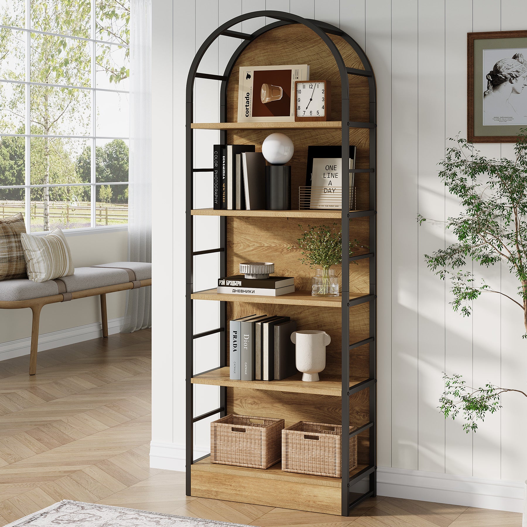 5 Tier Arched Bookcase, 70.8" Industrial Bookshelves for Living Room