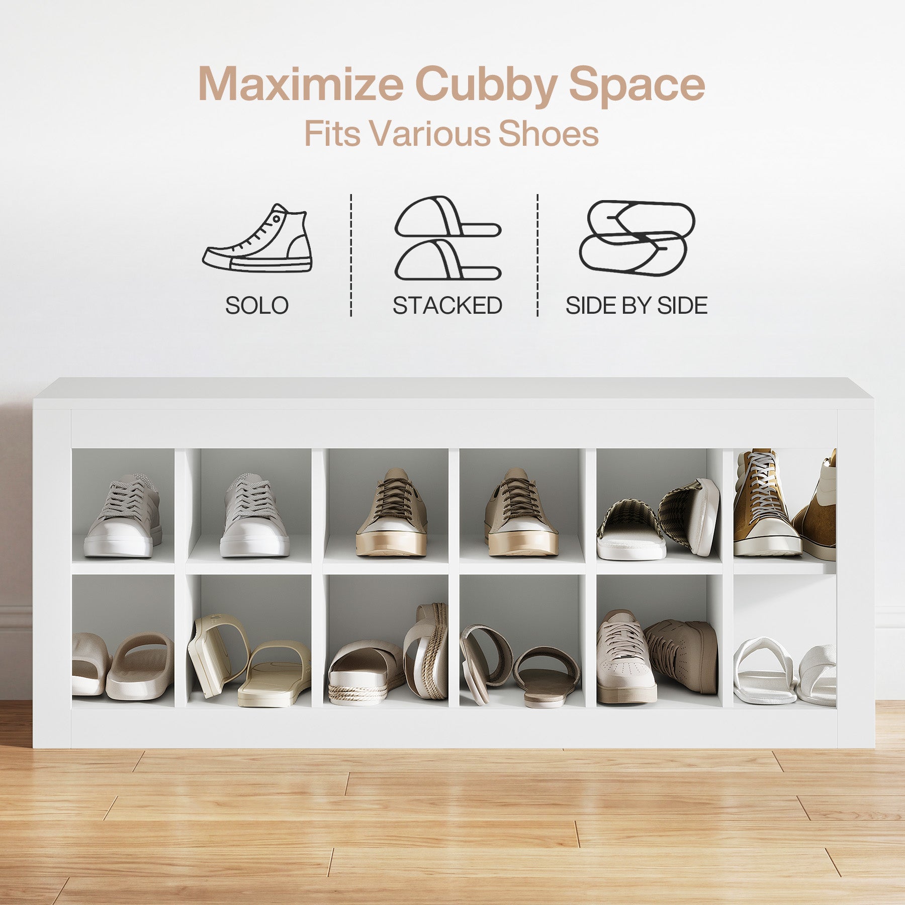 52.36" Shoe Storage Bench with 12 Cubbies, Wooden Entryway Bench for Hallway