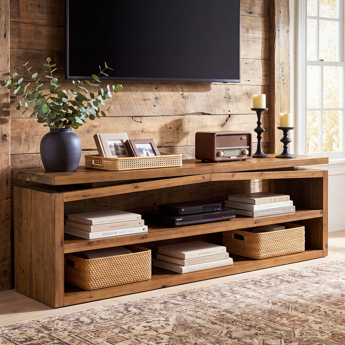 63" Farmhouse Solid Wood TV Stand for TVs Up to 70", 3-Tier Open Storage Media Console