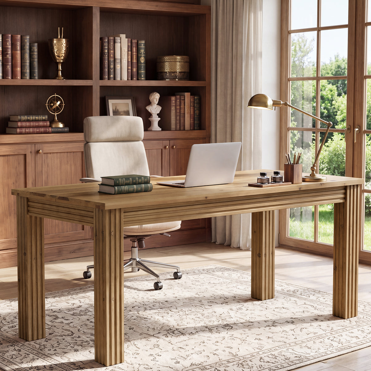 63" Solid Wood Executive Desk, Modern Computer Desk with Fluted Legs for Home Office