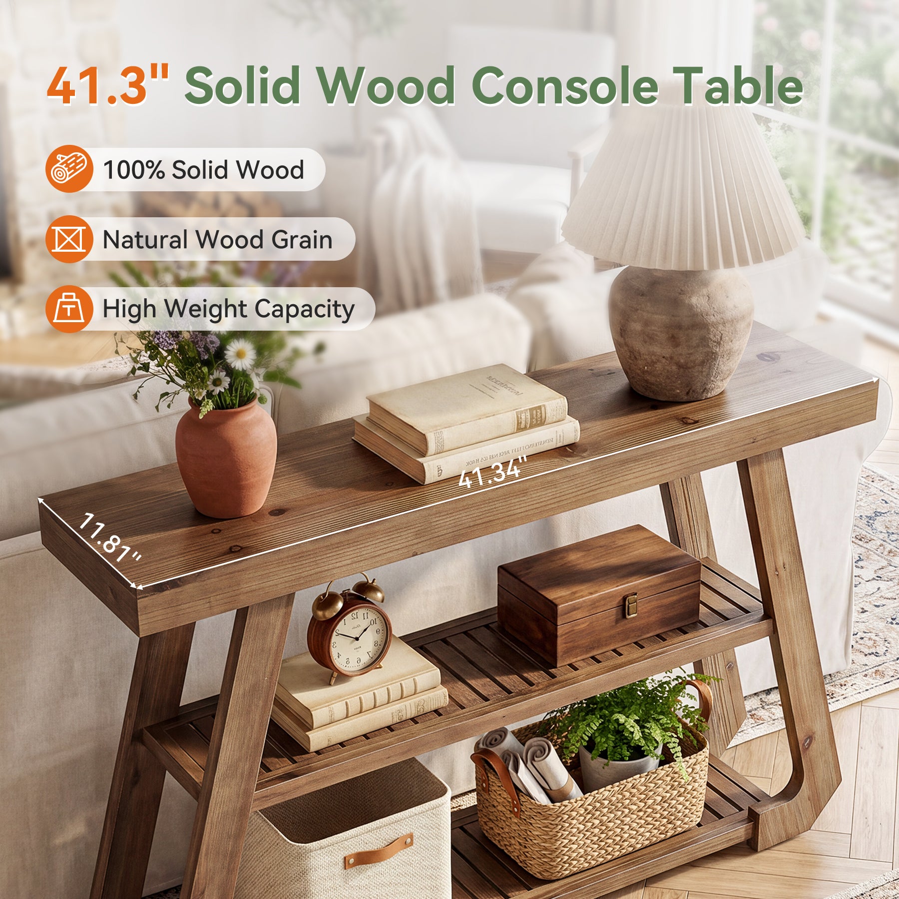 41.3" Solid Wood Console Table, 3-Tier Entryway Sofa Table for Foyer, Living Room