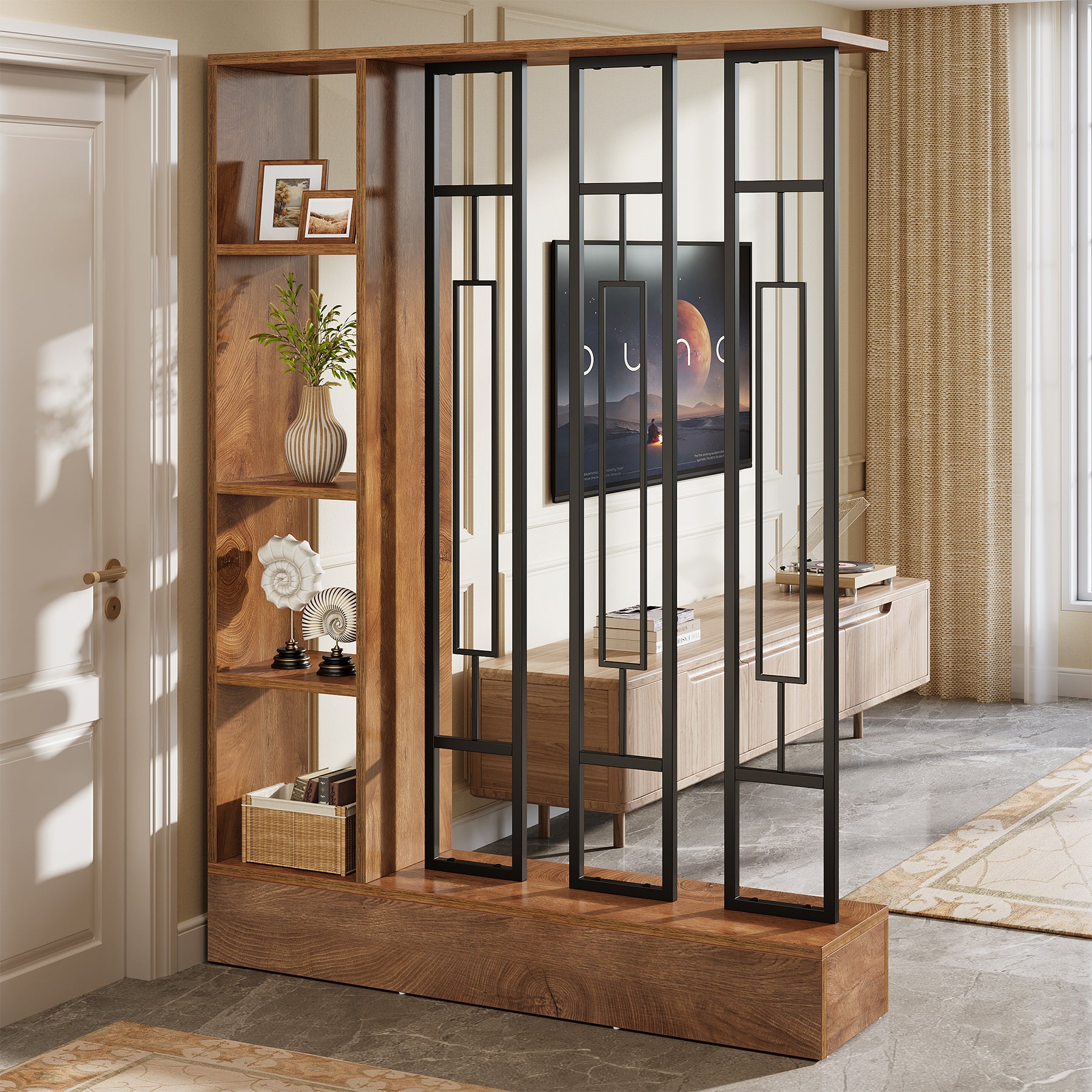 70.9" Wall Room Divider, Freestanding Wall Partition with Display Shelves