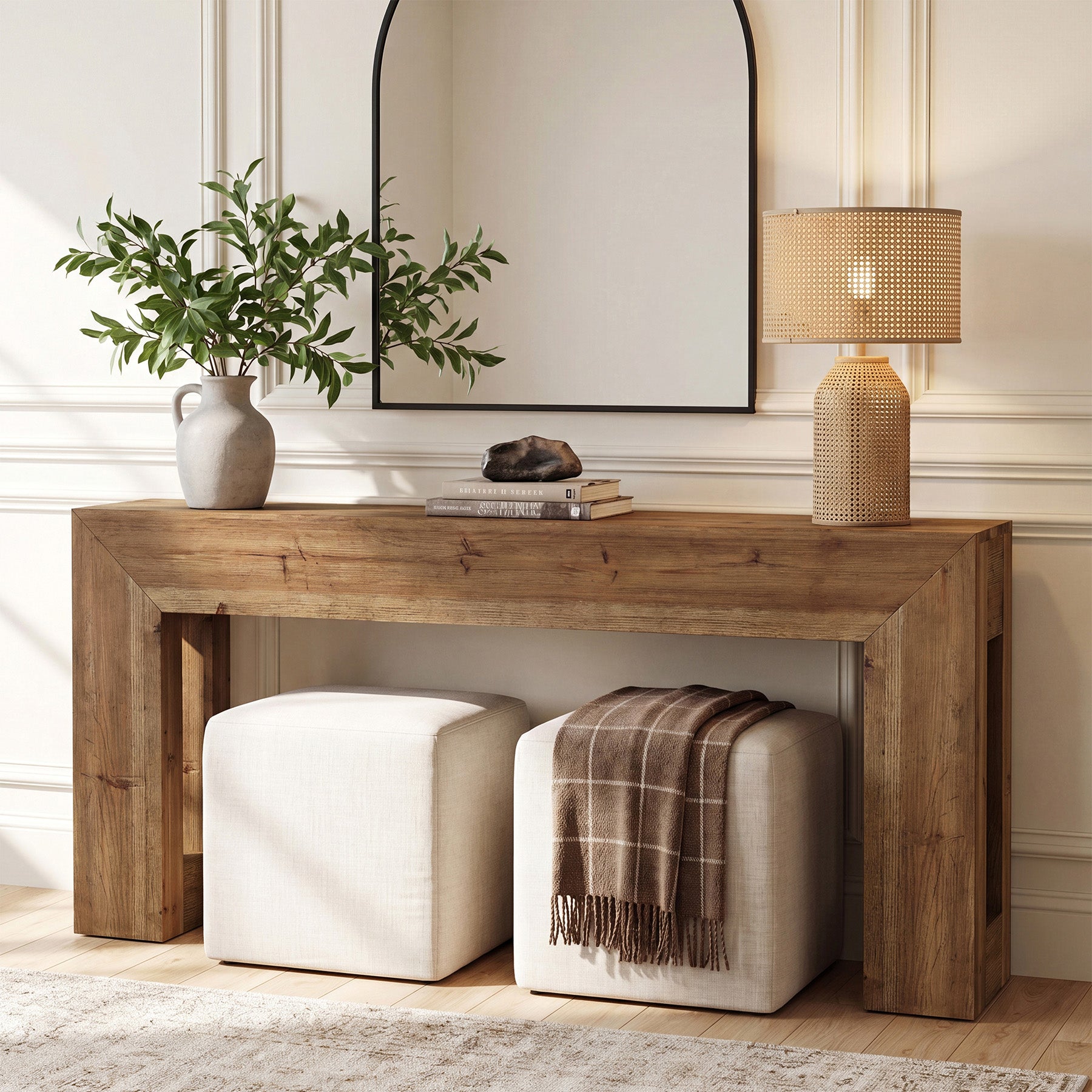 63-Inch Solid Wood Console Table with Geometric Frame, Natural Farmhouse Entryway Table