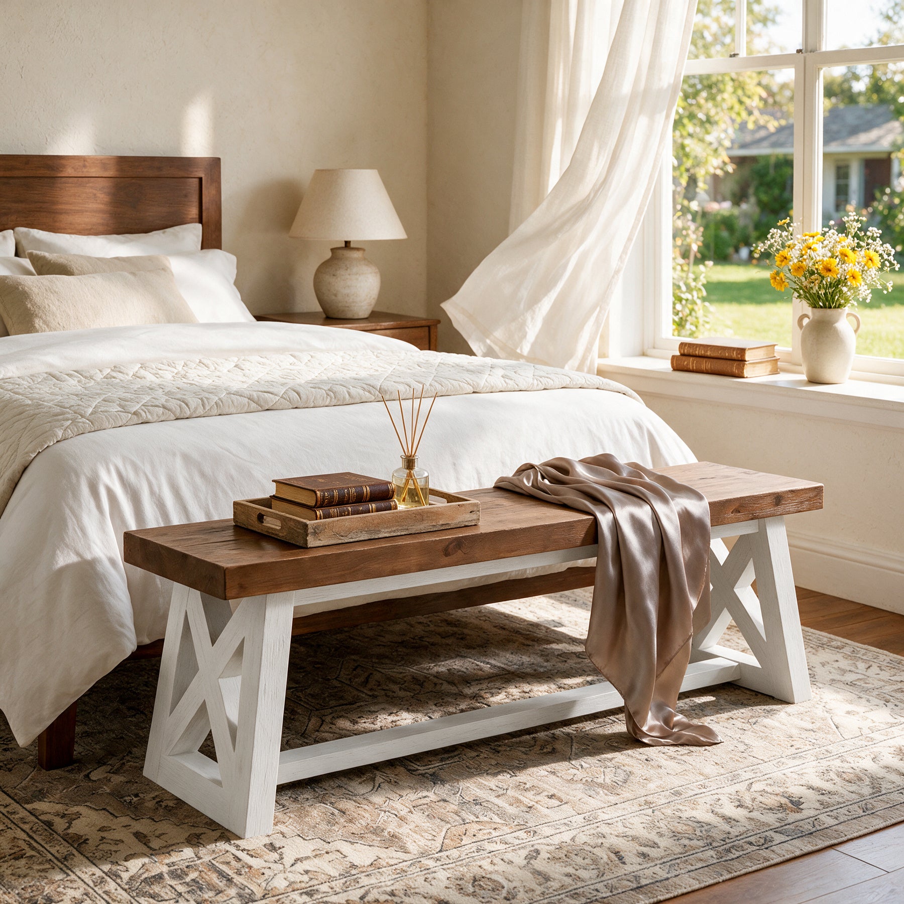 55" Two-Tone Farmhouse End of Bed Bench, Rustic Solid Wood, Bedroom Hallway