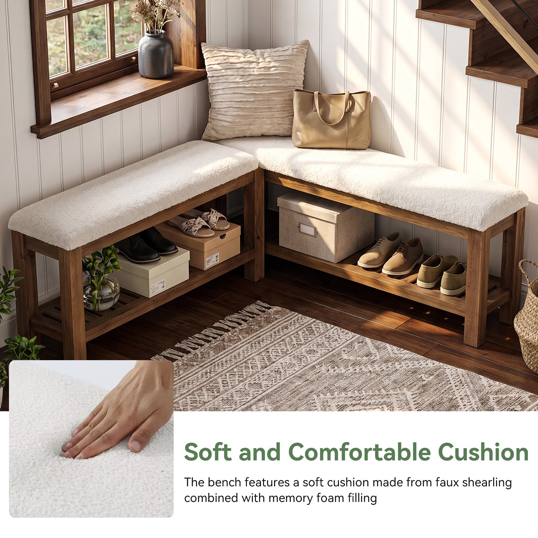 Solid Wood Entryway Bench Set, 55" L-Shaped Shoe Bench with Storage Shelf