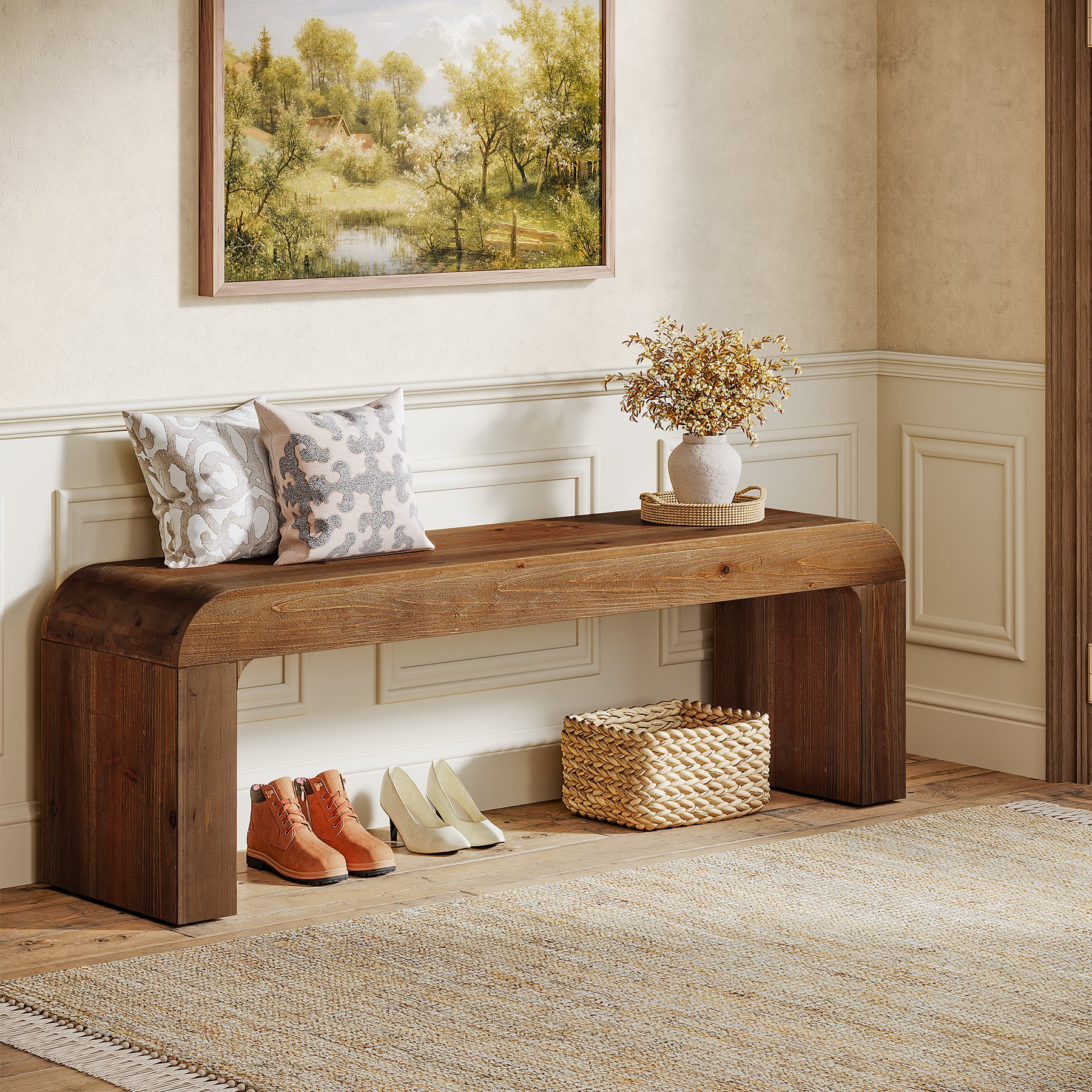 55" Modern Dining Bench, Solid Wood Entryway Bench with Thick Block Seat