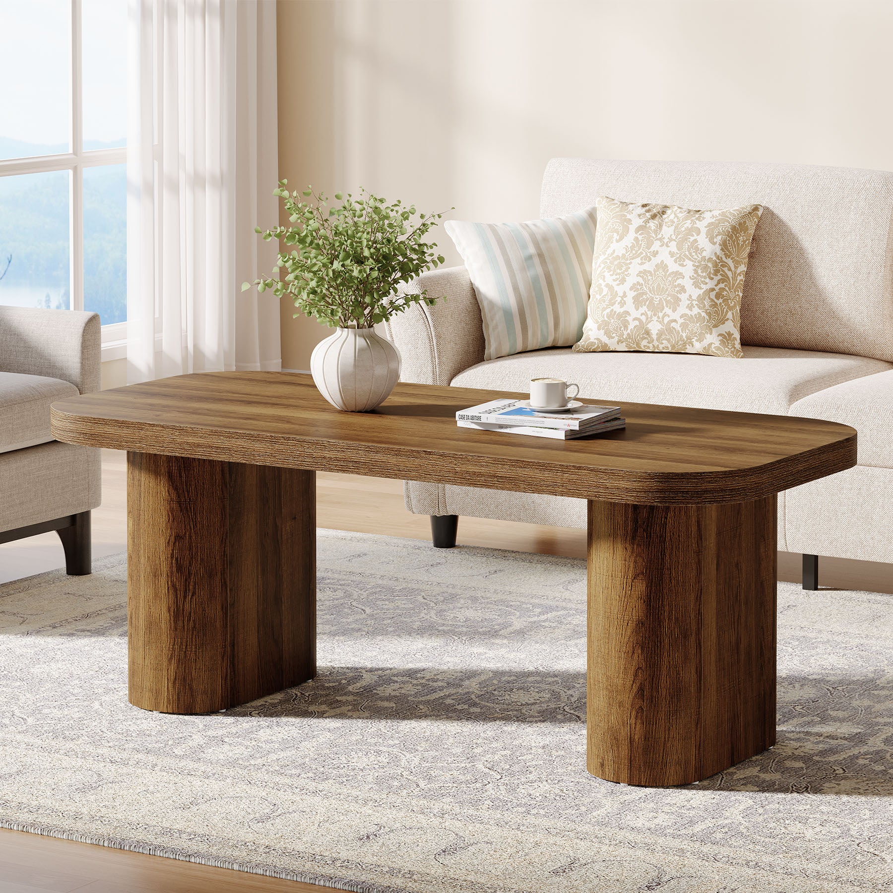 47-Inch Farmhouse Coffee Table, Rectangular Center Table with Rounded Corners and Sturdy Base