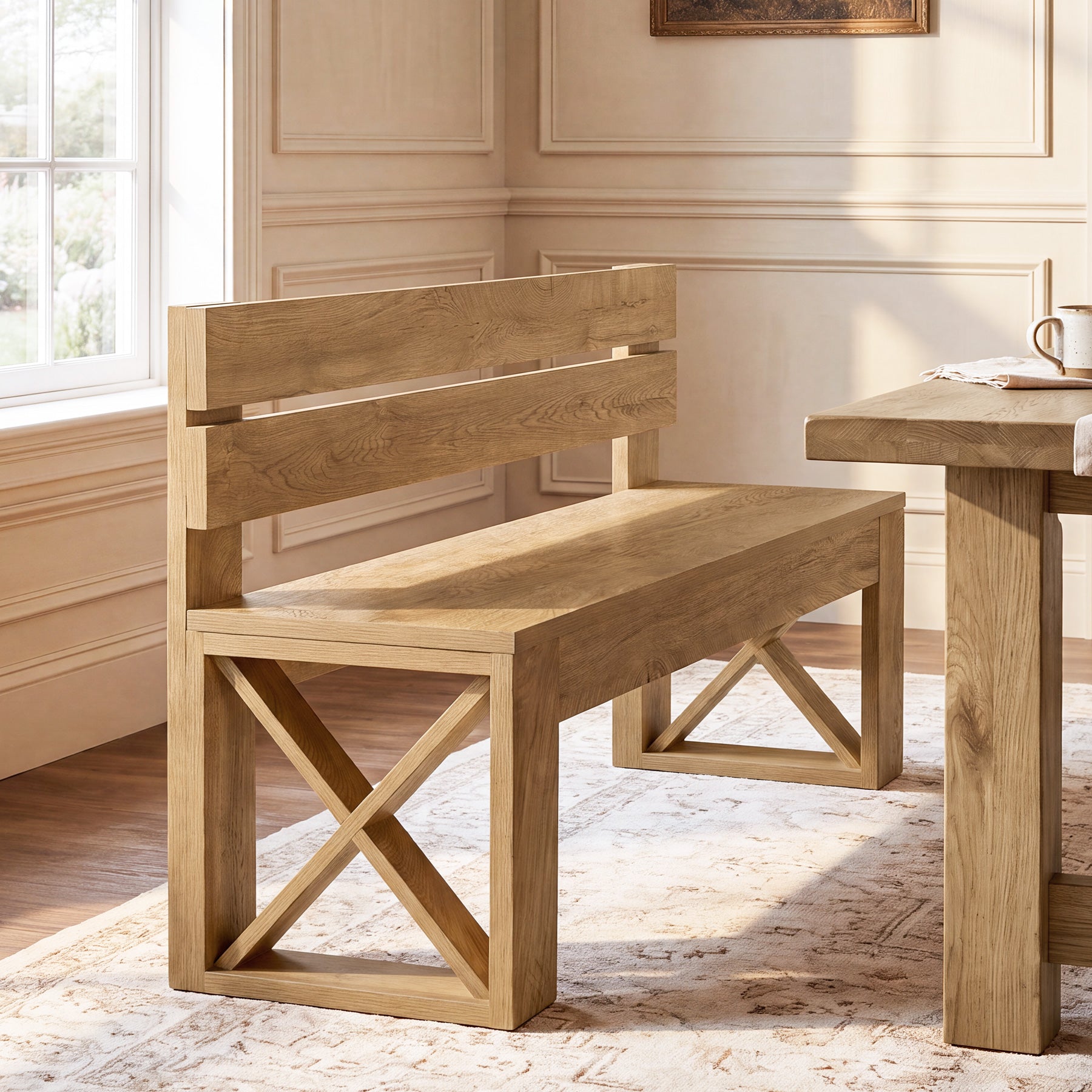 47" Dining Bench with Back, Farmhouse Kitchen Bench, X-Brace, Dining Room