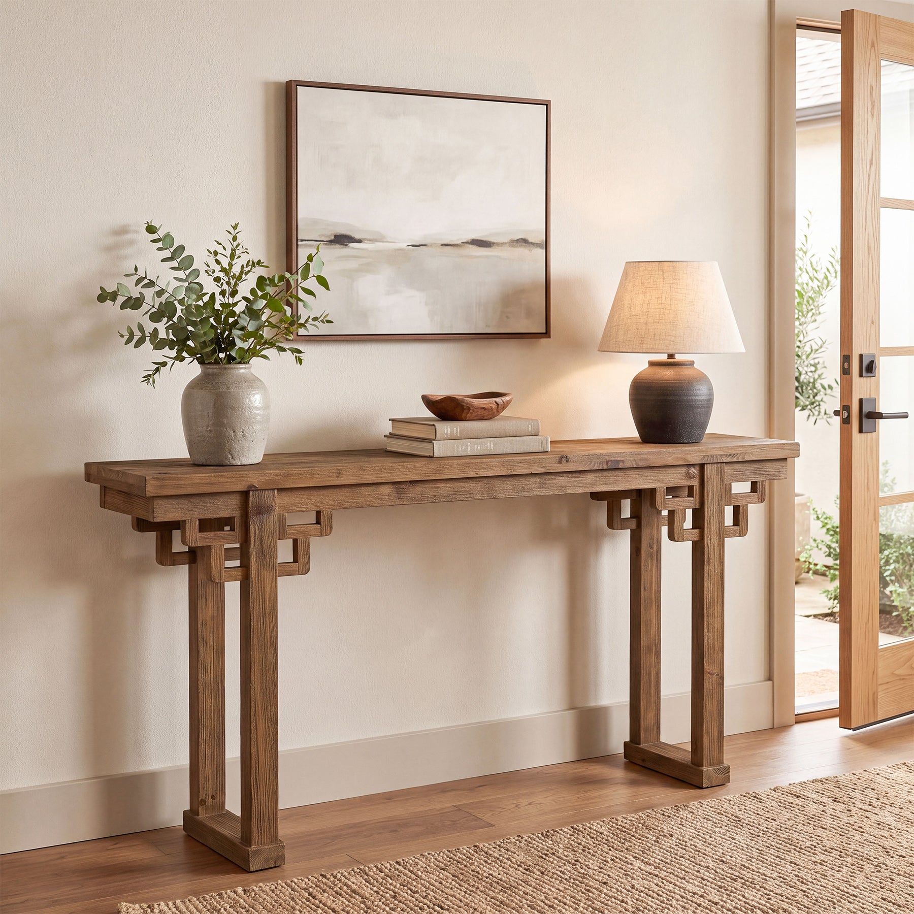 63" Farmhouse Console Table, Solid Wood Entryway Table, Thick Legs & Carved Detail