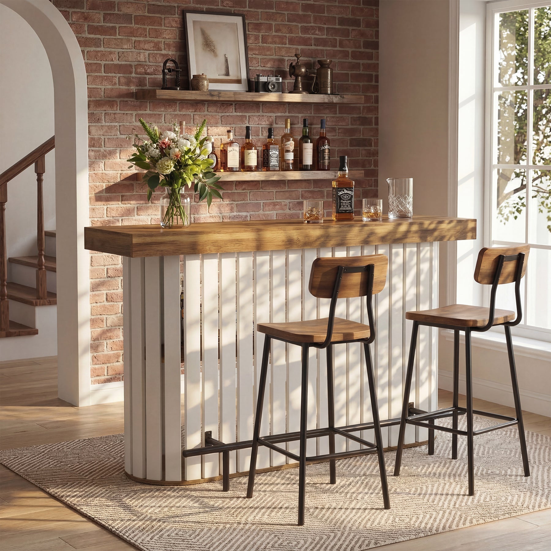 63" Counter Height Bar Table for 4-6, Modern Pub Table with 2-Tier Storage & Slatted Design