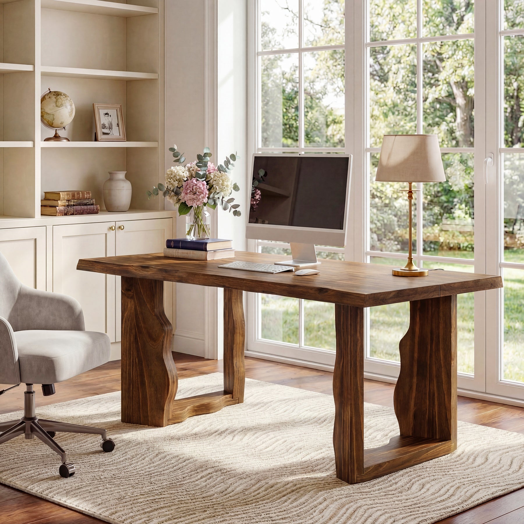 63" Solid Wood Live Edge Executive Desk, Rustic Farmhouse Computer Desk for Home Office or Studio Workspace