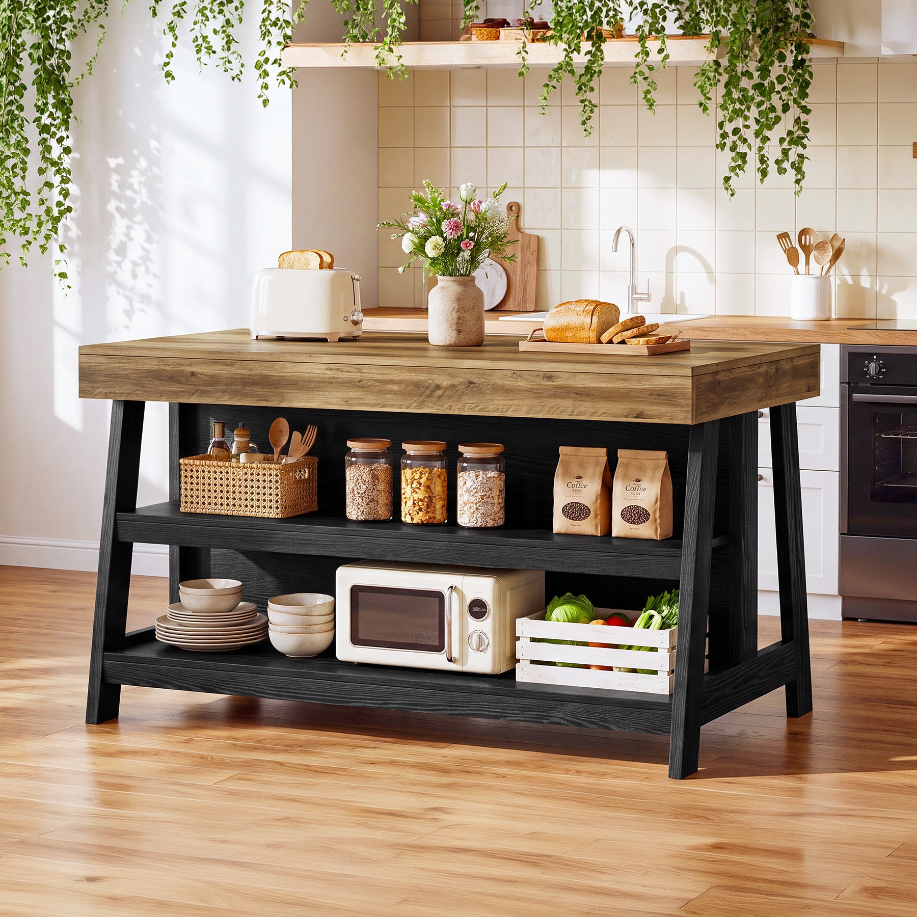 55" Kitchen Island with 3-Tier Storage, Farmhouse Stationary Island Table for Kitchen