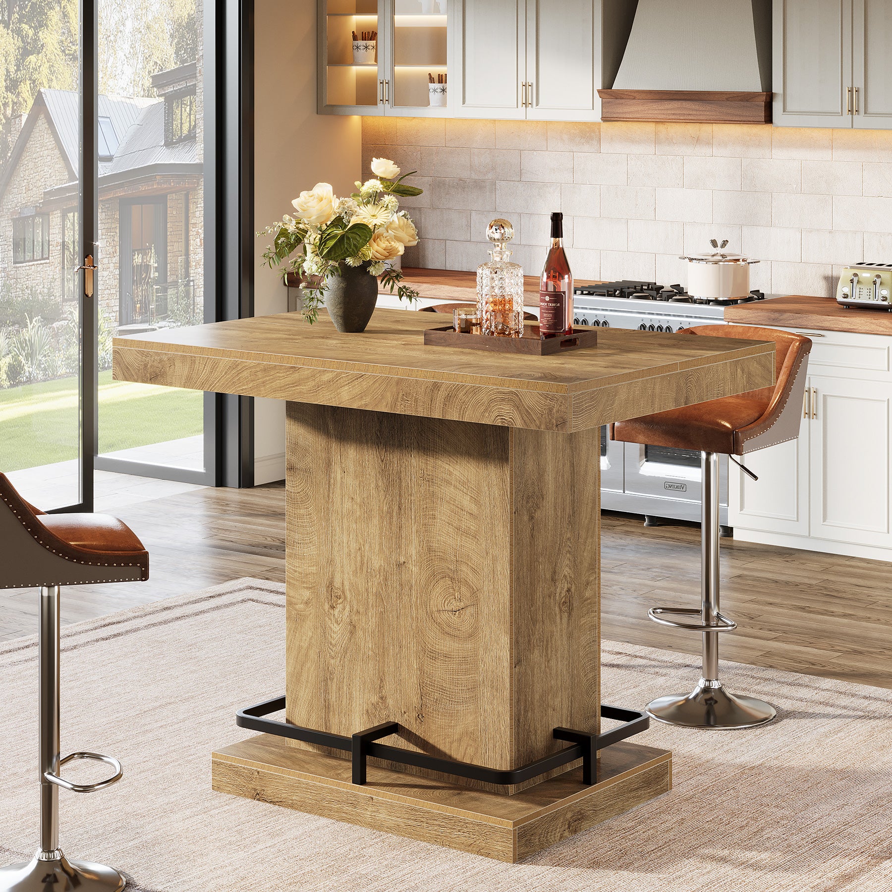 47" Bar Table, Rectangular Bistro Pub Table with Metal Footrest