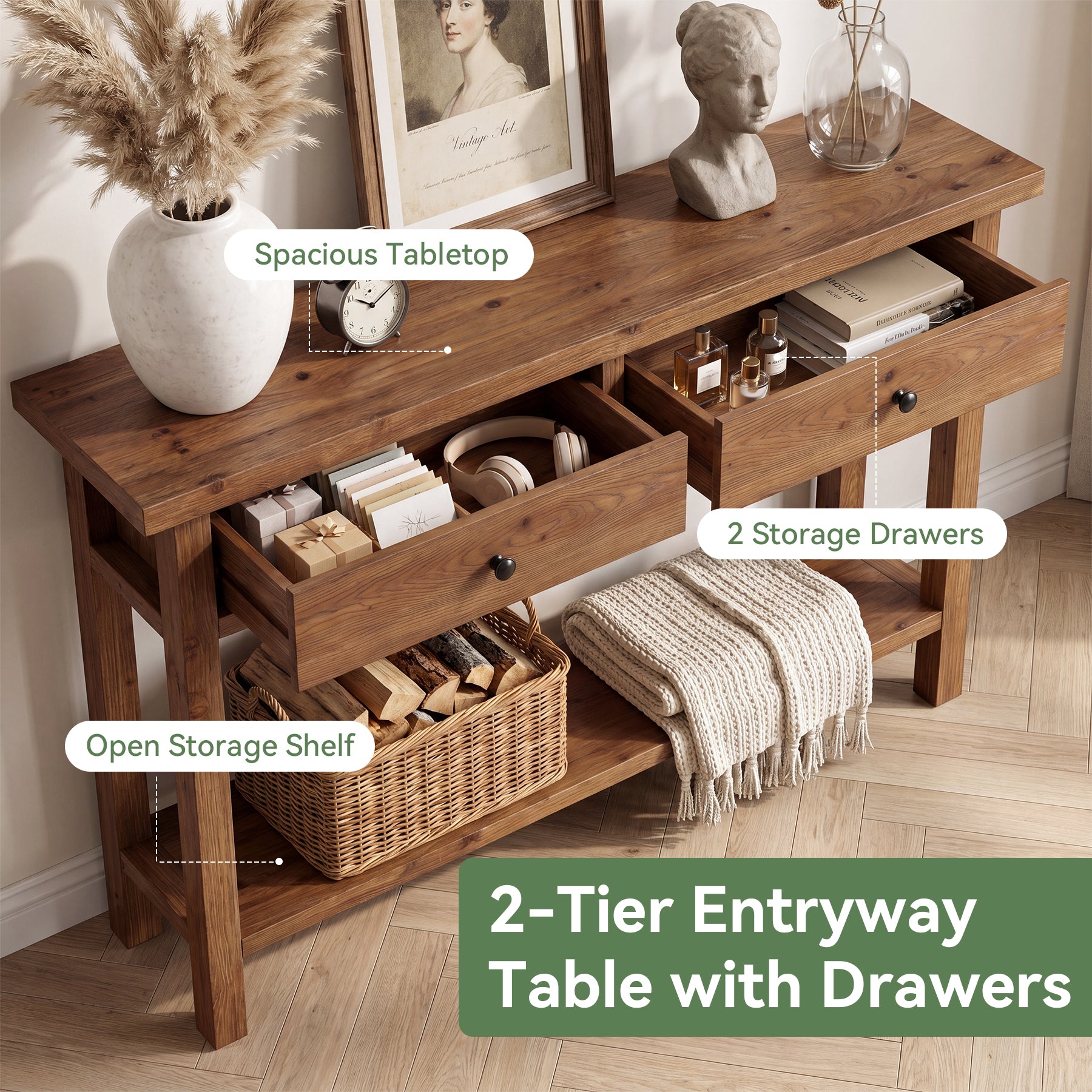 63" Solid Wood Console Table, Narrow Sofa Entryway Table with 2 Drawers and Shelf