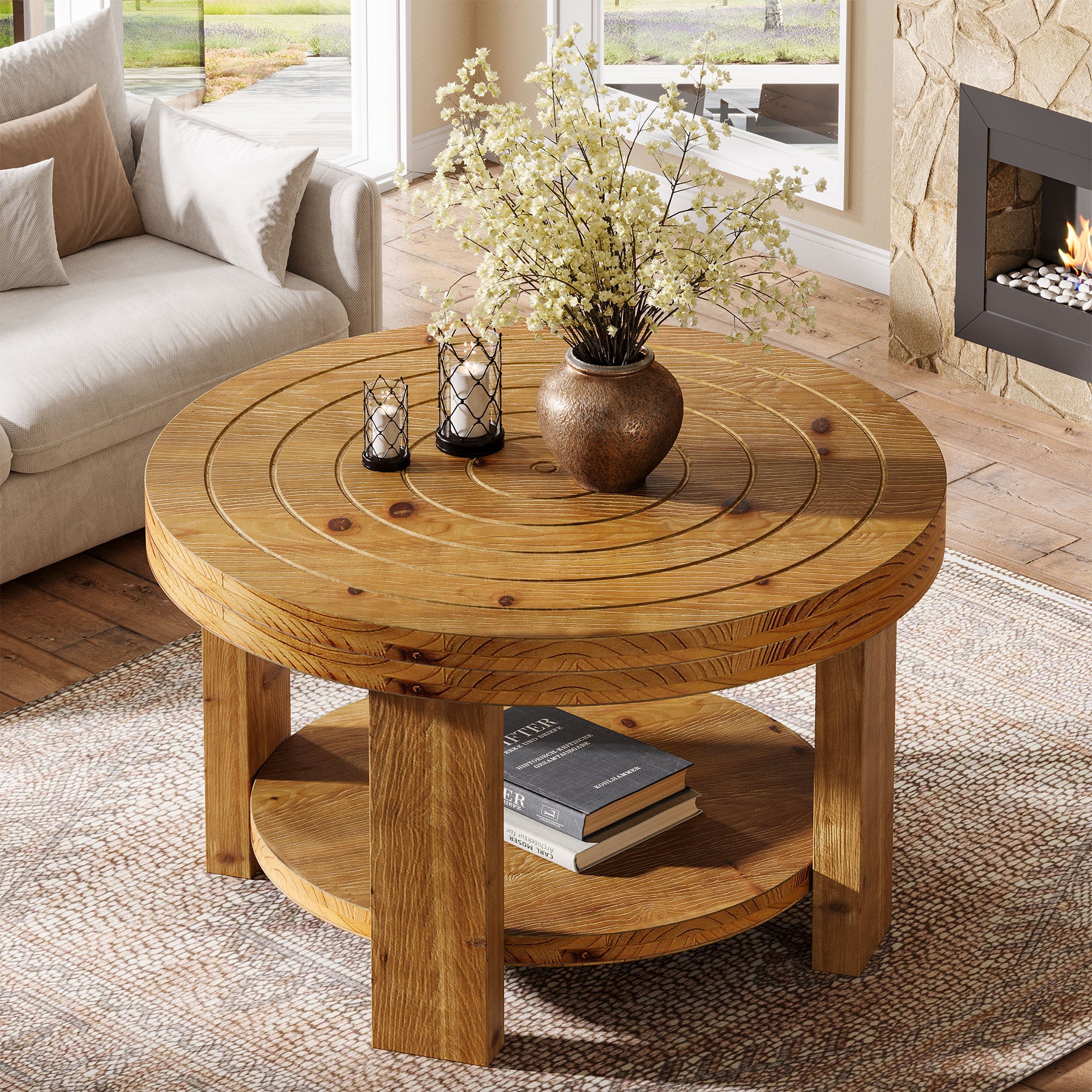Round Solid Wood Coffee Table 31.5" Center Table with 2-Tier Storage - Thumbnail 5