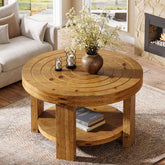 Round Solid Wood Coffee Table, 31.5" Center Table with 2-Tier Storage 3