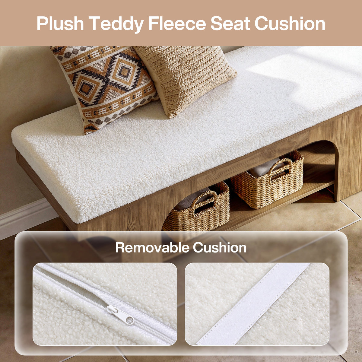 70.9" Entryway Shoe Bench with Storage Shelf & Teddy Sherpa Upholstered Seat for 2-3