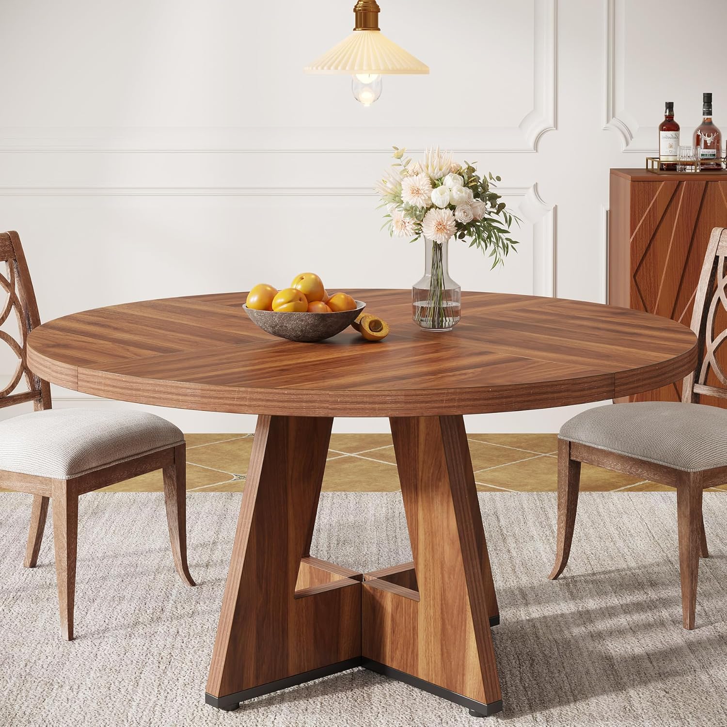 47-Inch Round Farmhouse Dining Table for 4–6 with Cross-Style Pedestal Base