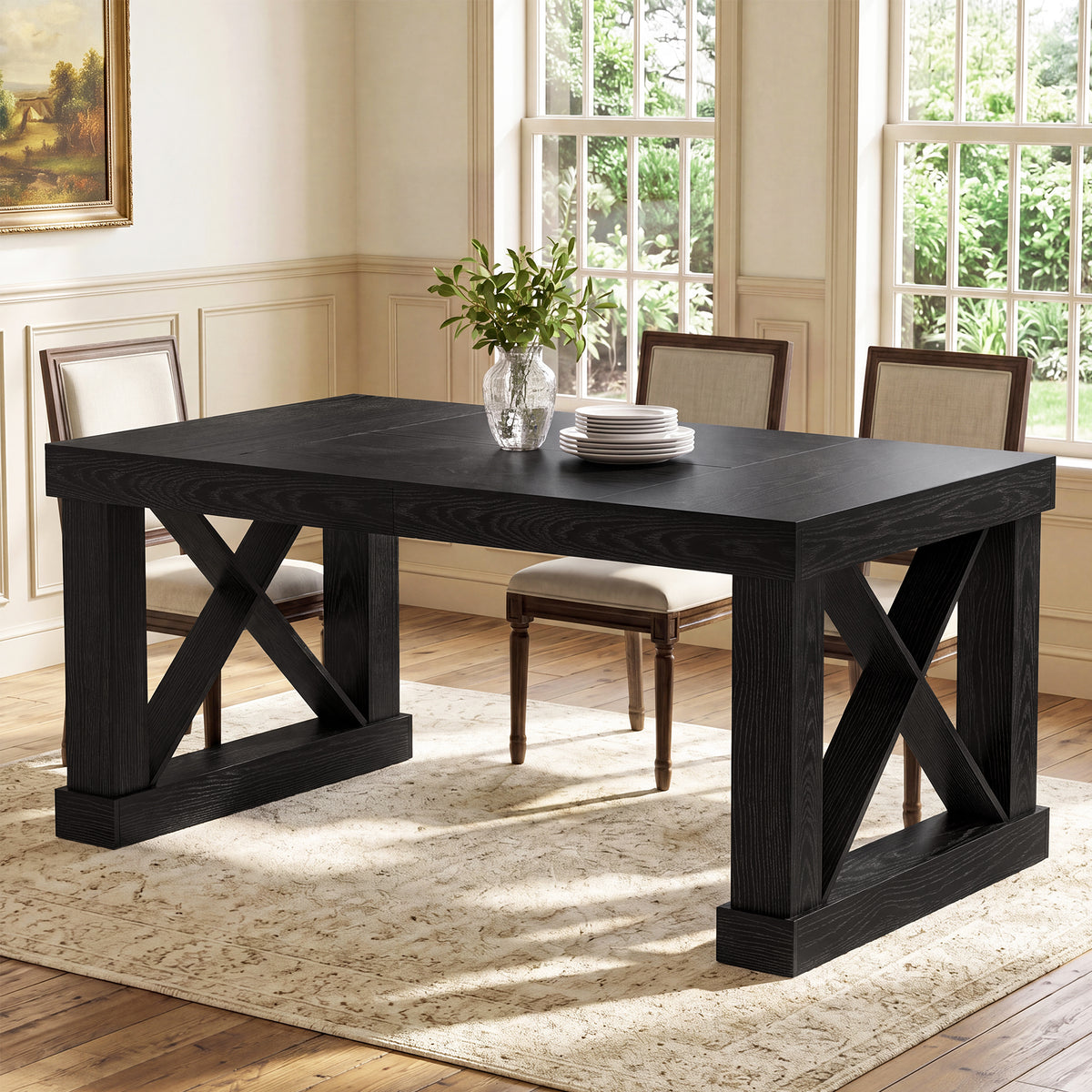 63" Farmhouse Dining Table for 4-6 People, Rectangular Wood Kitchen Table with Heavy-Duty X Legs