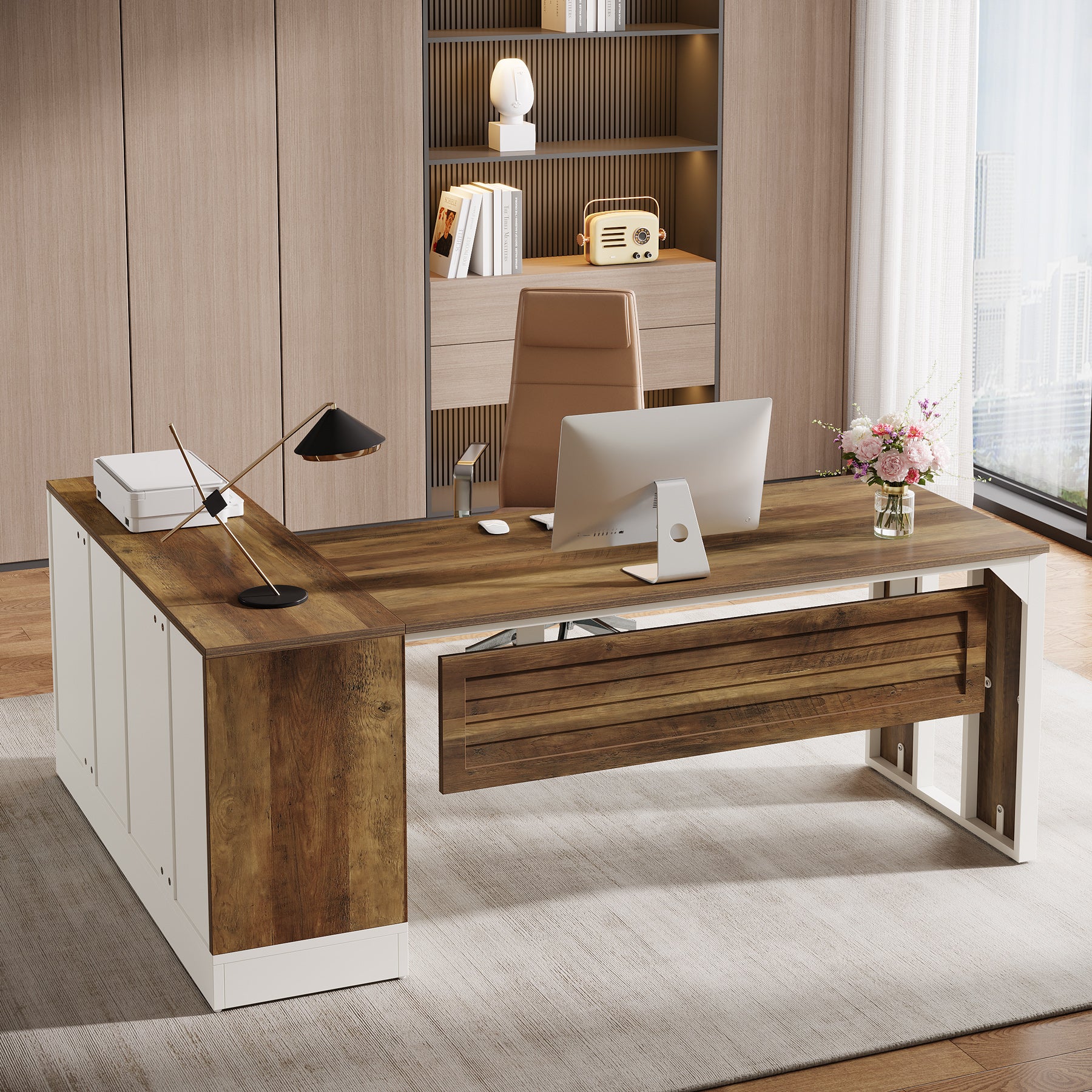 L - Shaped Executive Desk, 70.87" Office Desk with Storage Cabinet Tribesigns