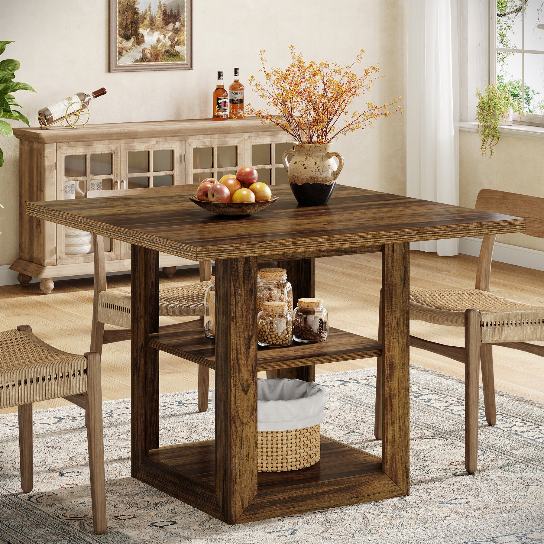 31.1" Square Dining Table for 4, Farmhouse Kitchen Table with 2-Tier Storage Shelf