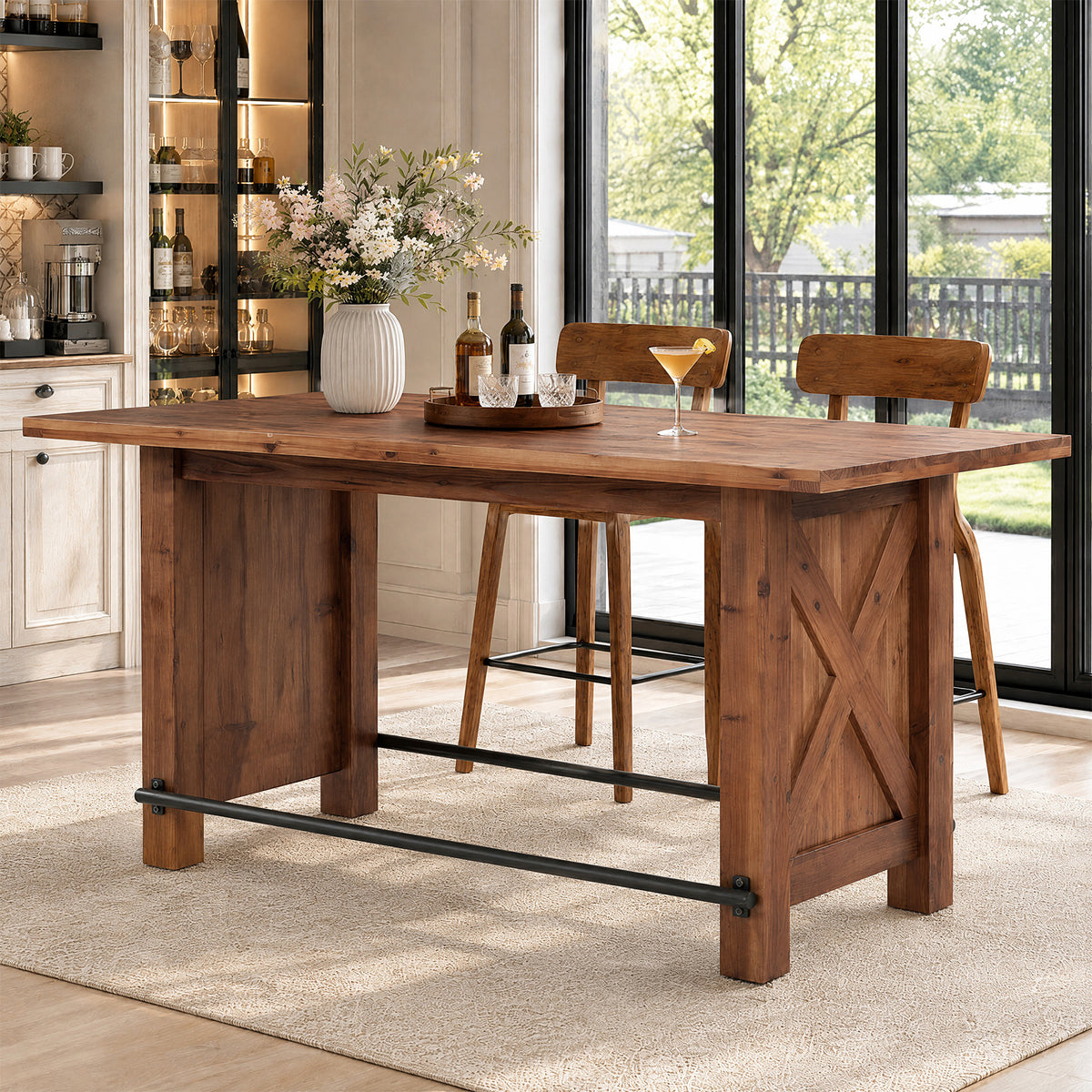63" Solid Wood Counter Height Bar Table with Footrest, Rectangular Pub Table