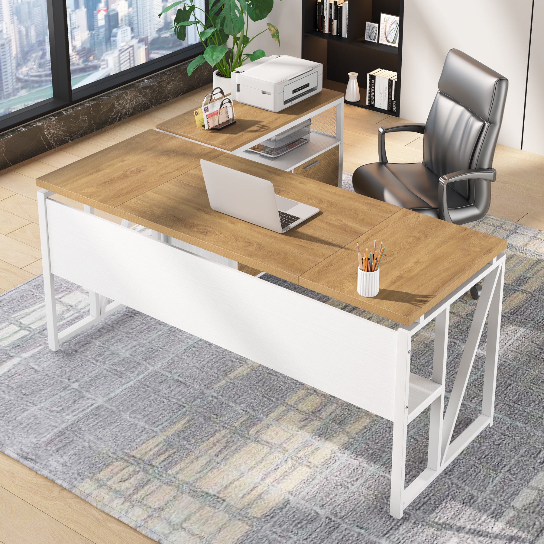 55" / 63" L-Shaped Executive Desk with Storage Shelves and Mobile File Cabinet(2 Drawers and 1 Storage Compartment)