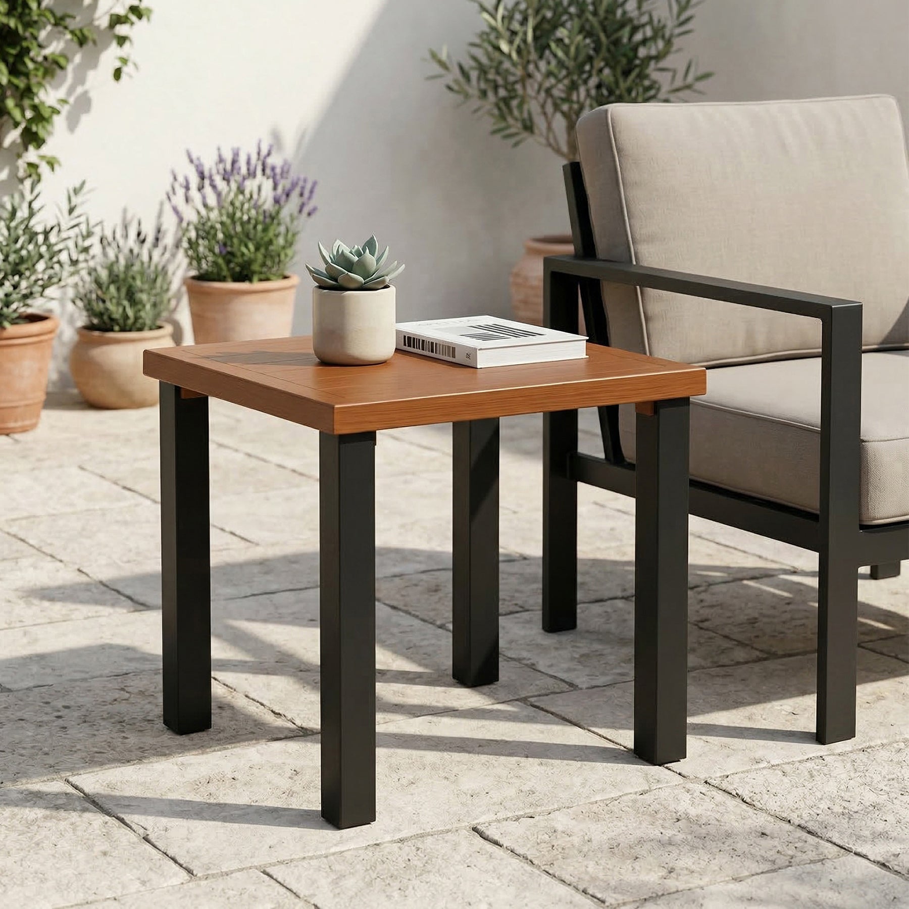 Square Outdoor Side Table, Weather Resistant Patio End Table with Metal Legs