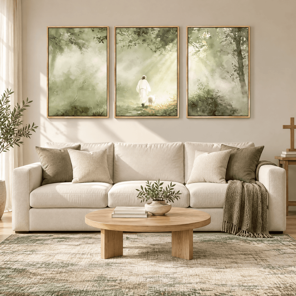 Tribesigns 3-Piece Hand-Painted Christian Lost Sheep Wall Art, Green Forest Framed Canvas Prints