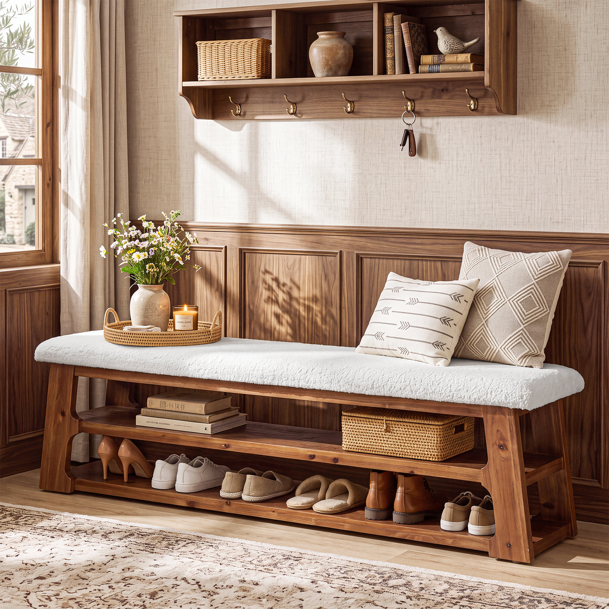 3-Tier Solid Wood Entryway Bench, 63" Shoe Bench with Faux Shearling Cushion for Hallway