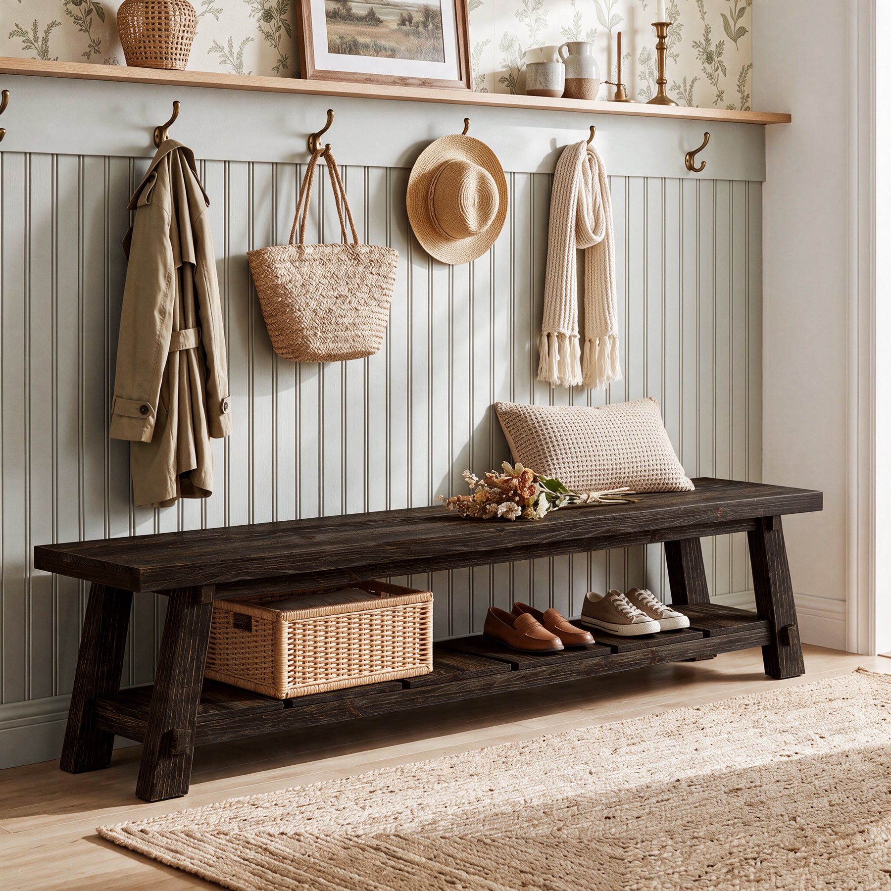 71" Solid Wood Entryway Bench, Rustic Extra Long Hallway Seating with Shoe Storage for Living Room and Bedroom