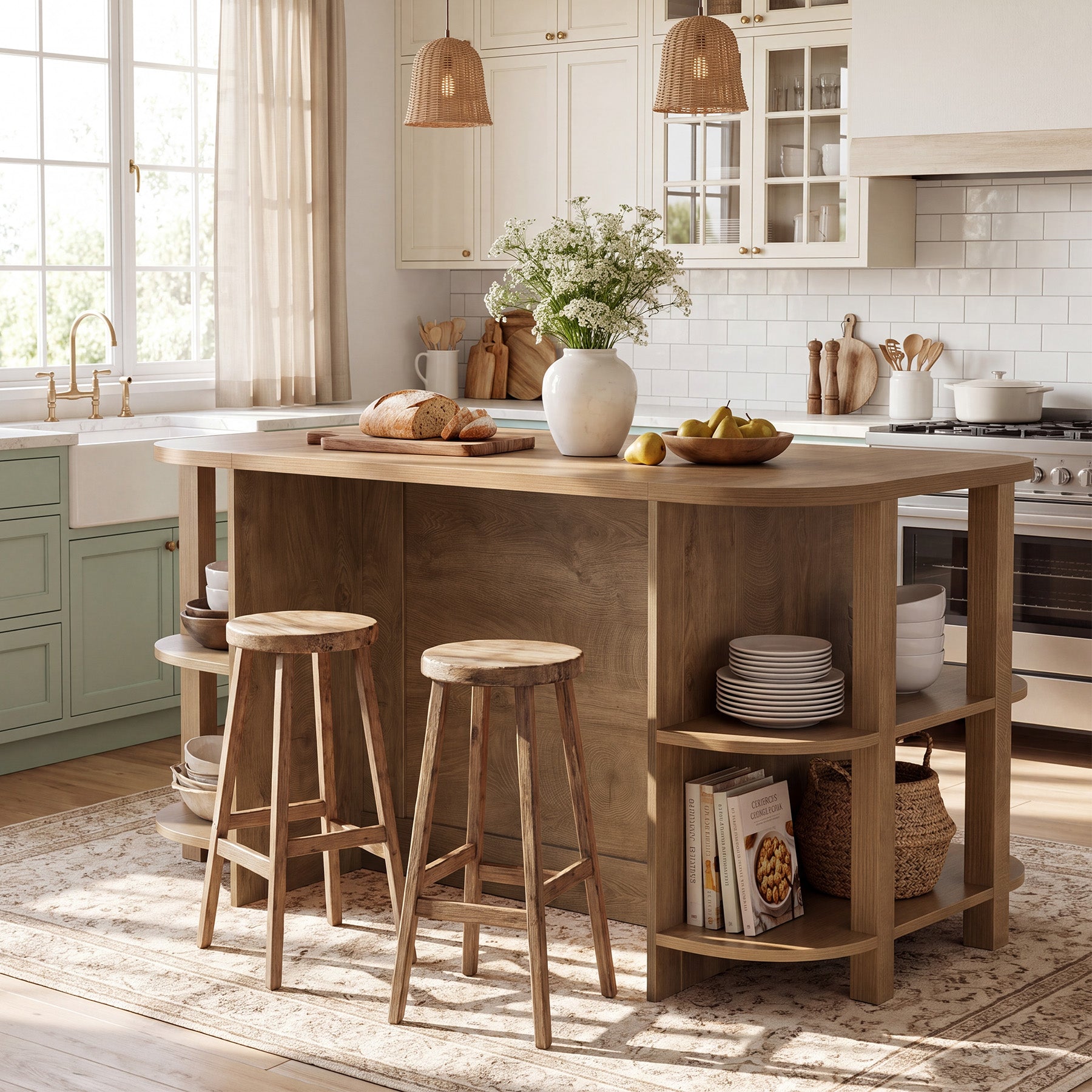 63" Farmhouse Kitchen Island, Counter Height Bar Table with 3-Tier Storage