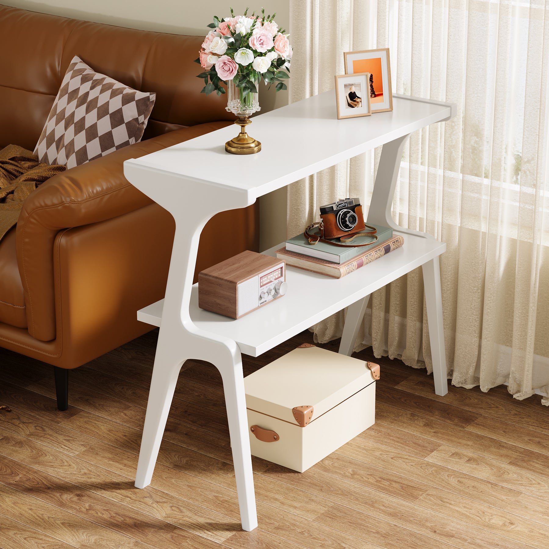 Solid Wood End Table, 2-Tier Sofa Side Table with Storage Shelf