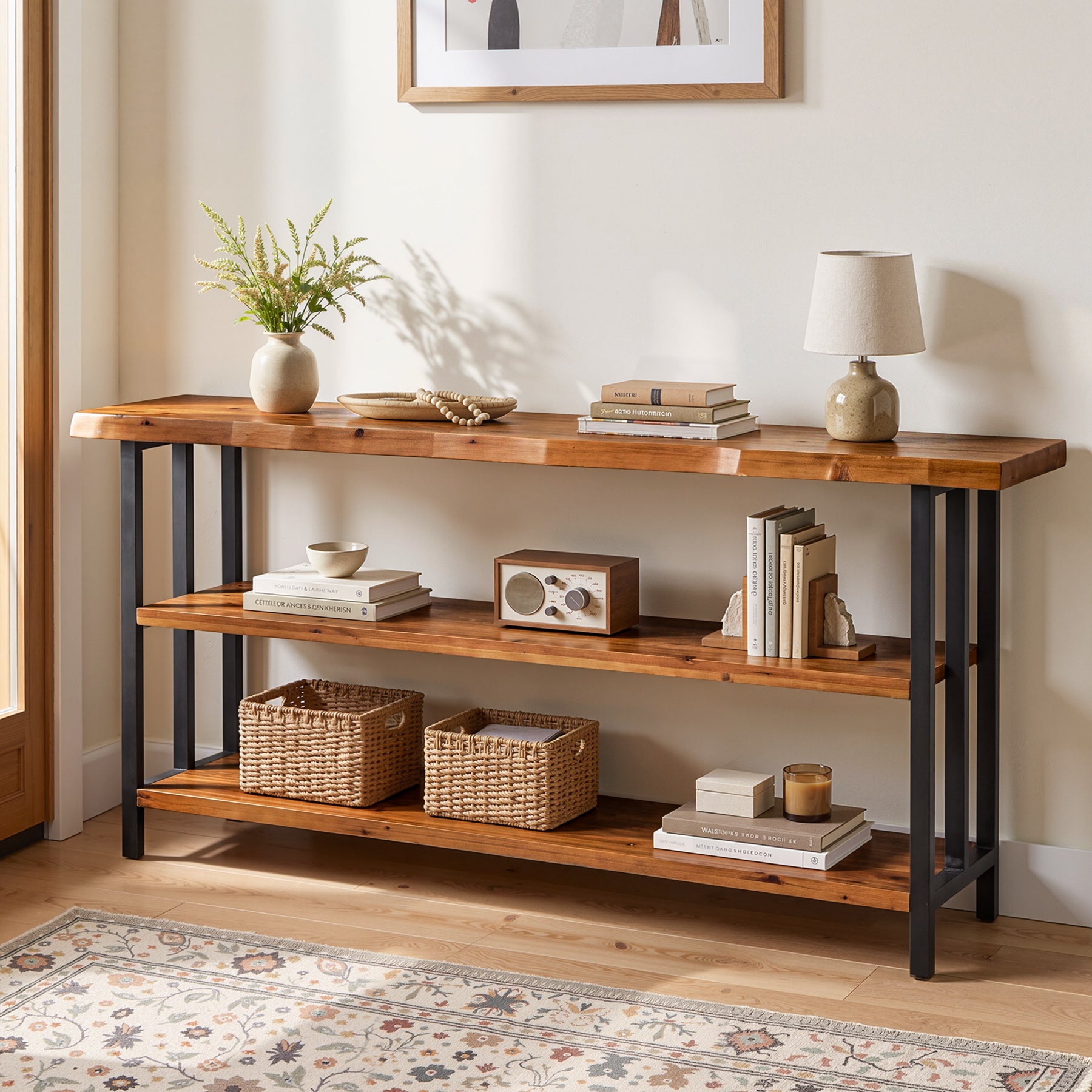 63" Live Edge Console Table, Farmhouse Solid Wood 3-Tier Shelves