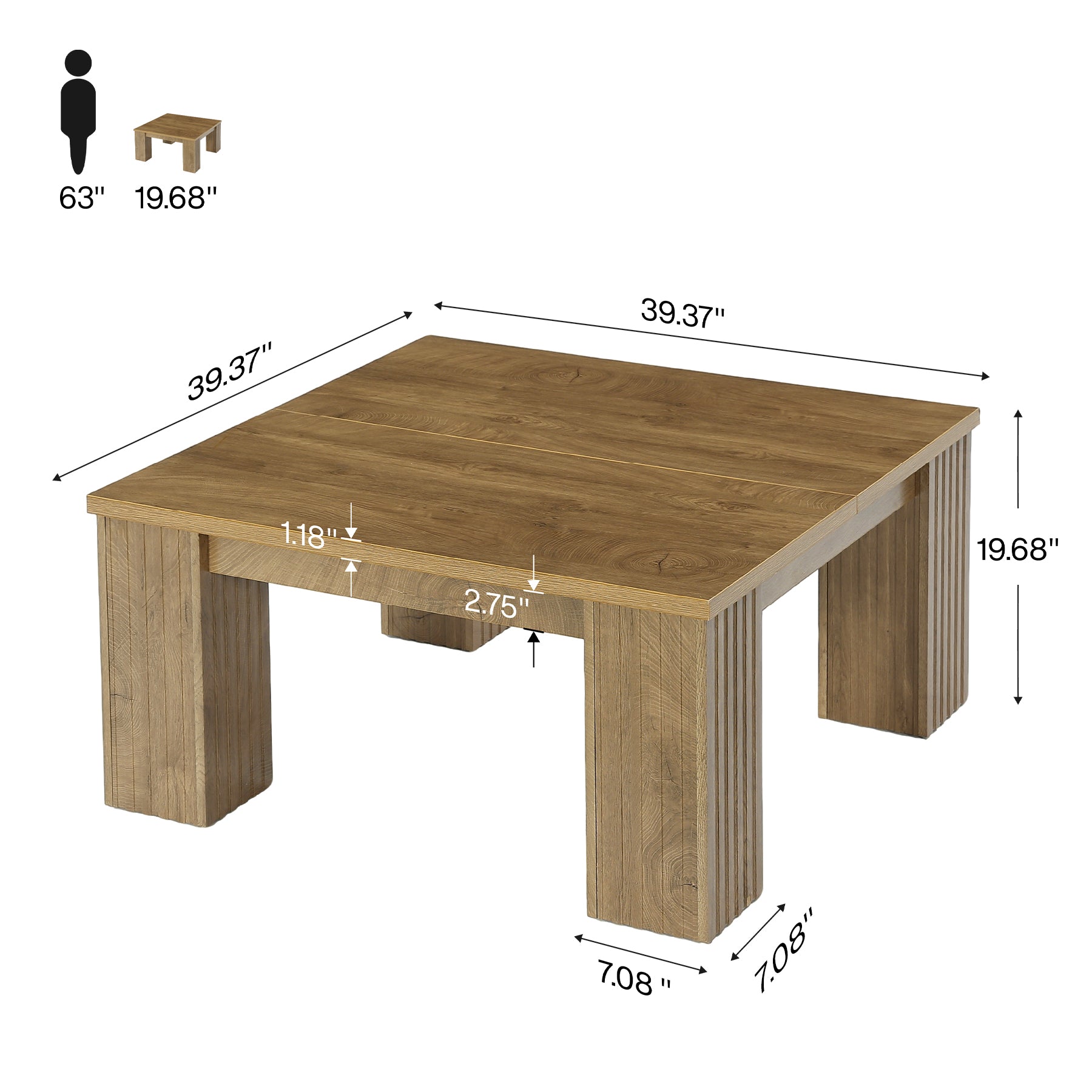 39" Square Coffee Table, Farmhouse Center Table with Fluted Legs