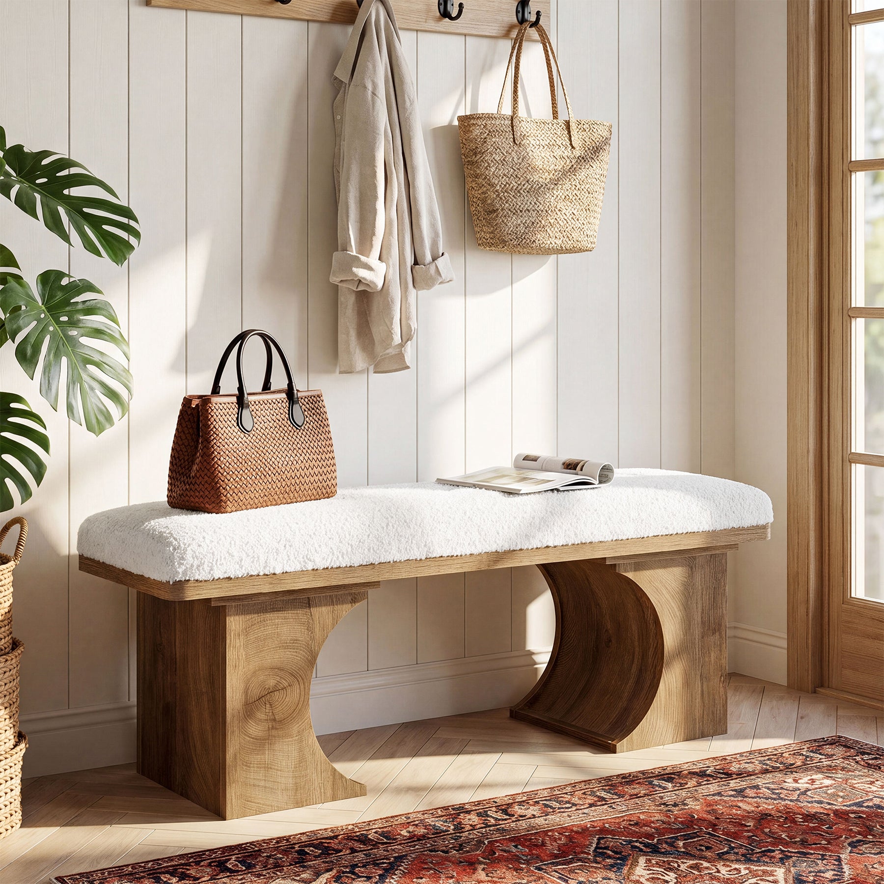 Tribesigns 47.24-Inch Upholstered Entryway Bench with Soft Cushion and Curved Wooden Legs, Modern Rustic Shoe Bench for Hallway and Living Room